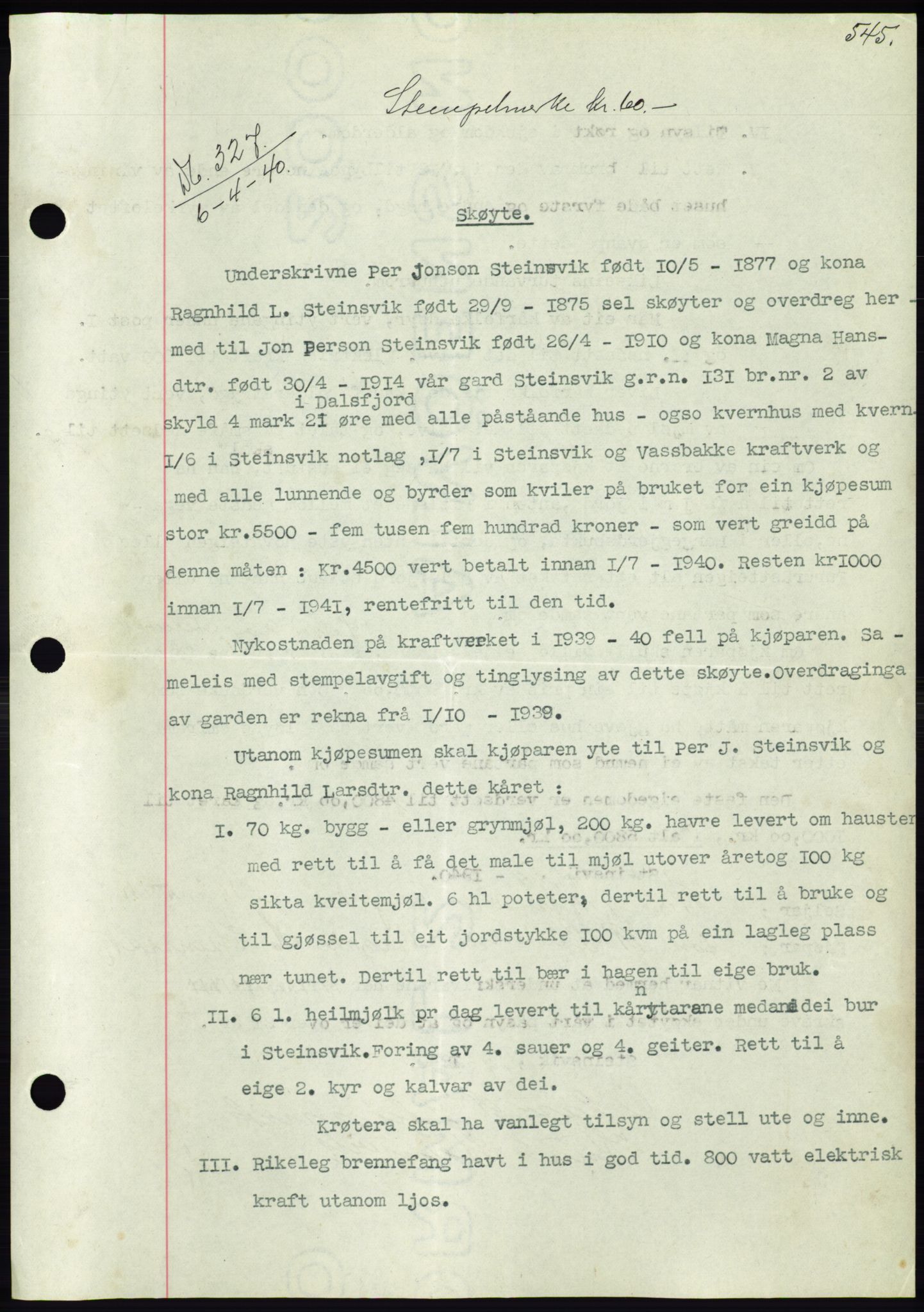 Søre Sunnmøre sorenskriveri, AV/SAT-A-4122/1/2/2C/L0069: Mortgage book no. 63, 1939-1940, Diary no: : 327/1940