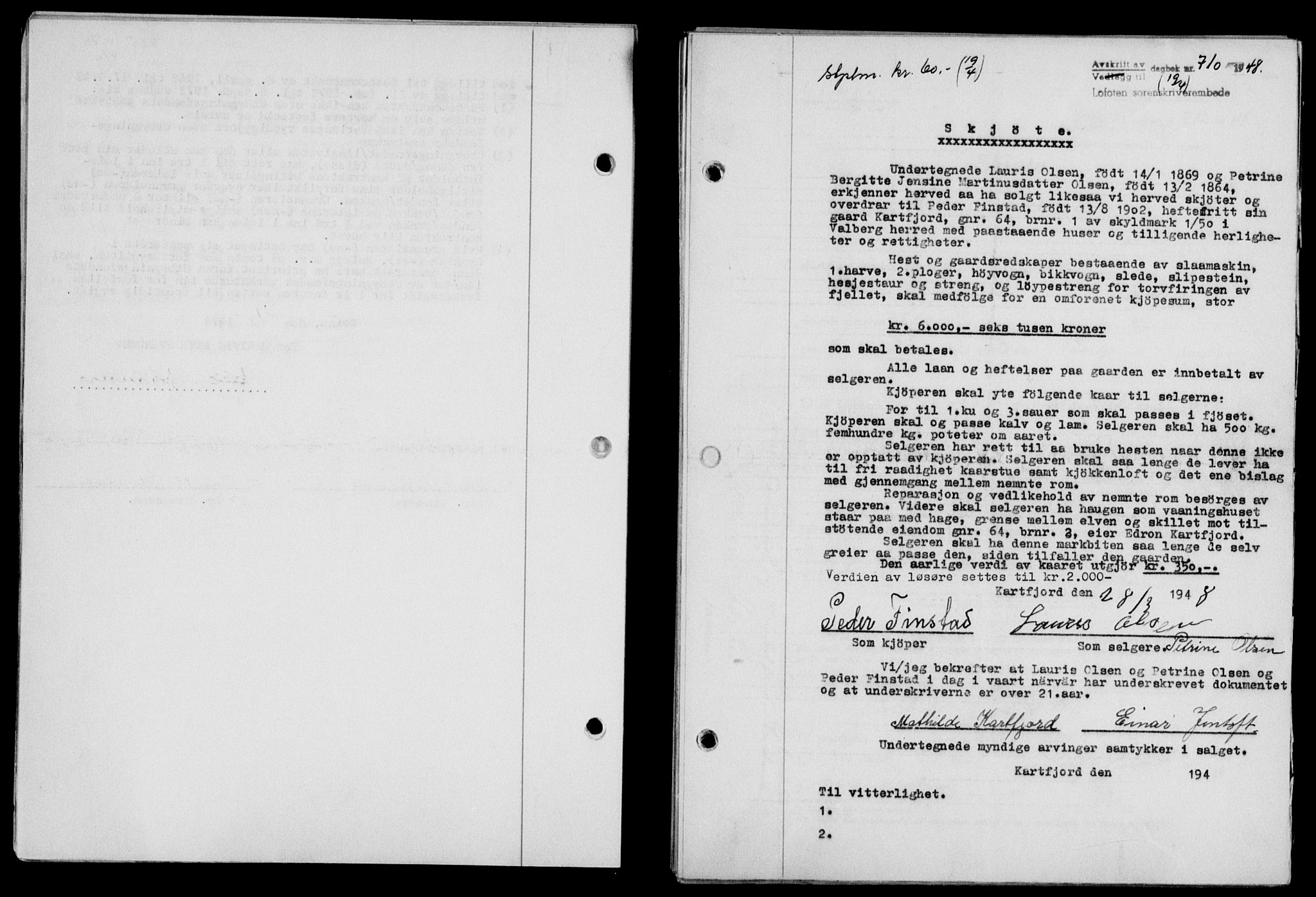 Lofoten sorenskriveri, SAT/A-0017/1/2/2C/L0018a: Mortgage book no. 18a, 1948-1948, Diary no: : 710/1948