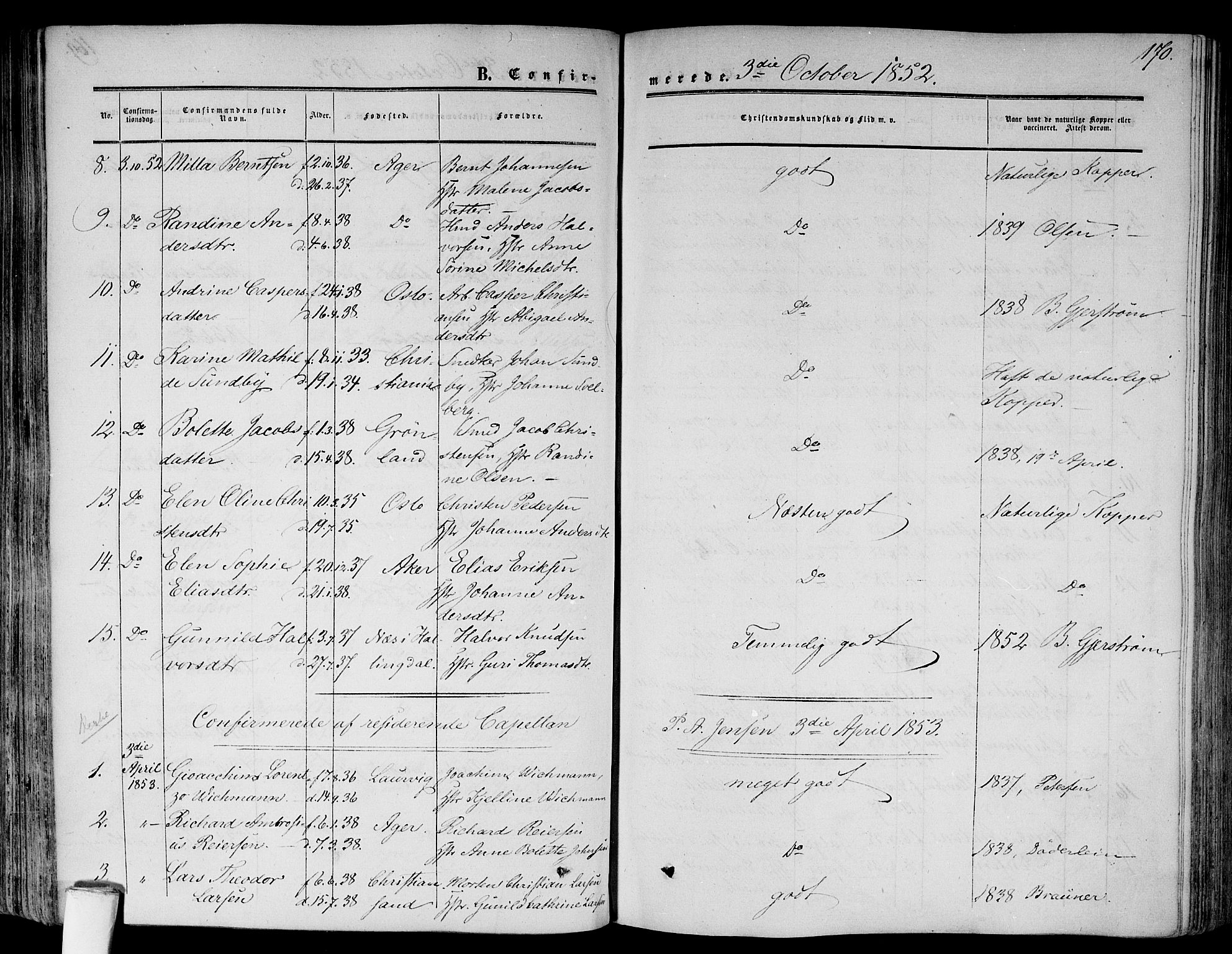 Gamlebyen prestekontor Kirkebøker, AV/SAO-A-10884/F/Fa/L0004: Parish register (official) no. 4, 1850-1857, p. 170