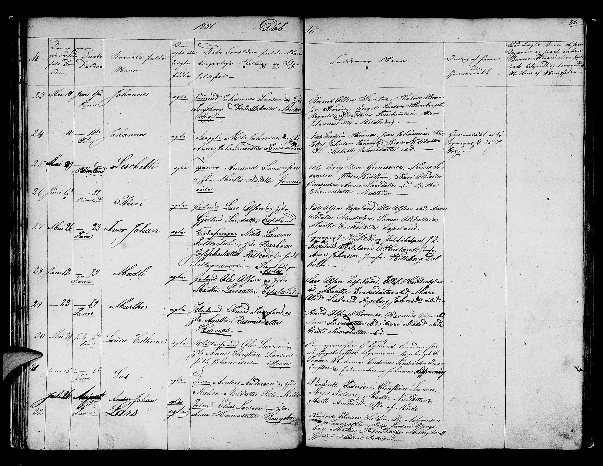 Fana Sokneprestembete, AV/SAB-A-75101/H/Hab/Habb/L0002: Parish register (copy) no. B 2, 1851-1860, p. 32