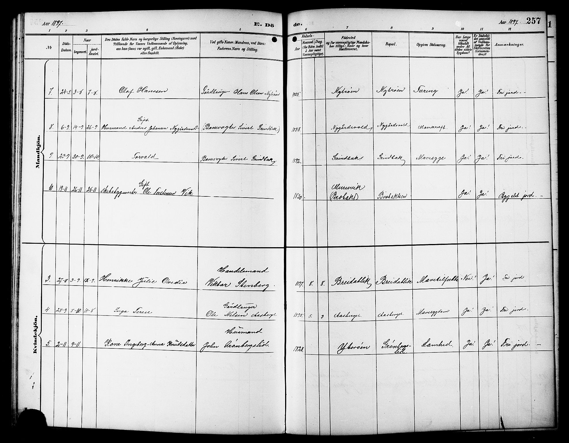 Ministerialprotokoller, klokkerbøker og fødselsregistre - Sør-Trøndelag, SAT/A-1456/617/L0431: Parish register (copy) no. 617C01, 1889-1910, p. 257
