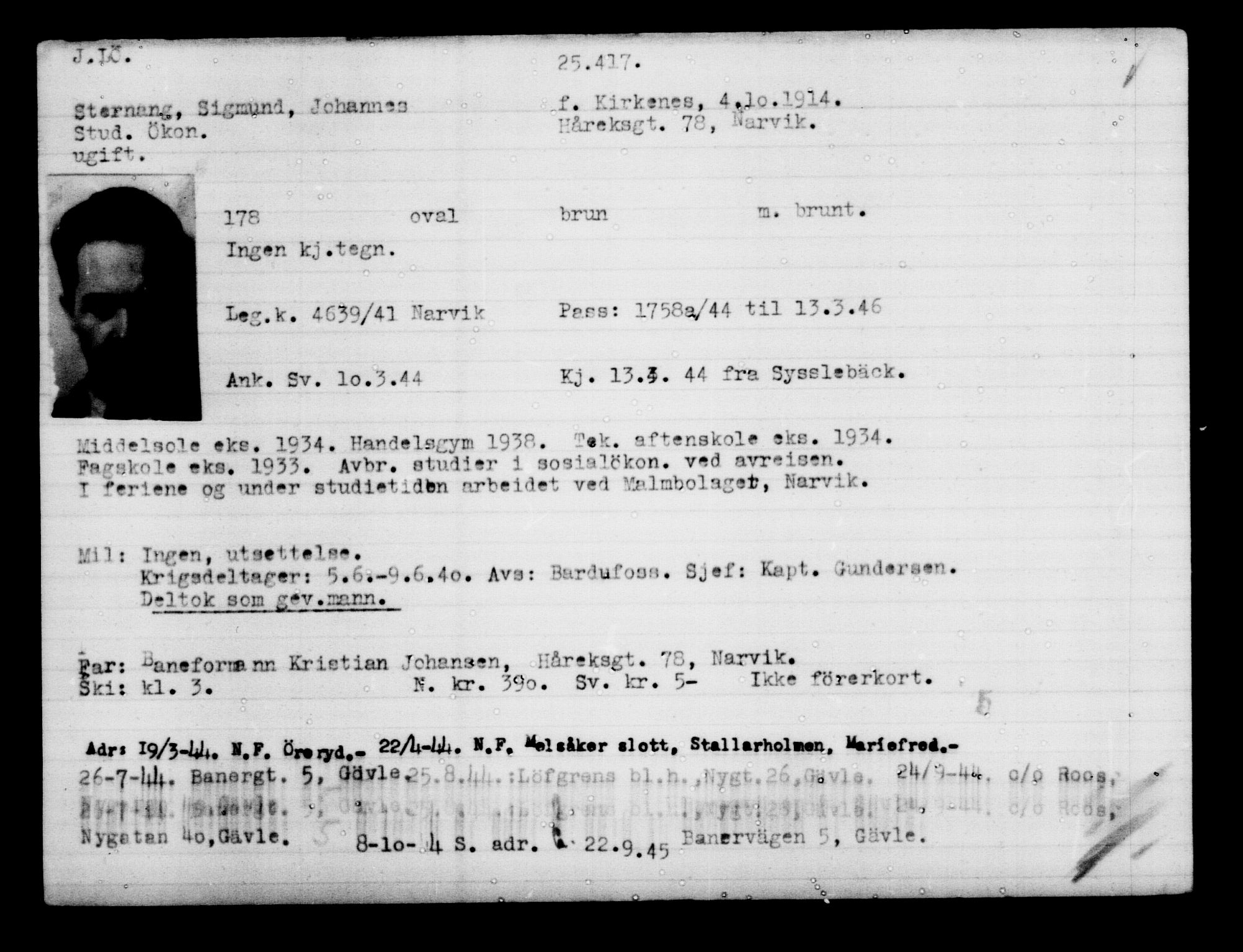 Den Kgl. Norske Legasjons Flyktningskontor, RA/S-6753/V/Va/L0011: Kjesäterkartoteket.  Flyktningenr. 25300-28349, 1940-1945, p. 122