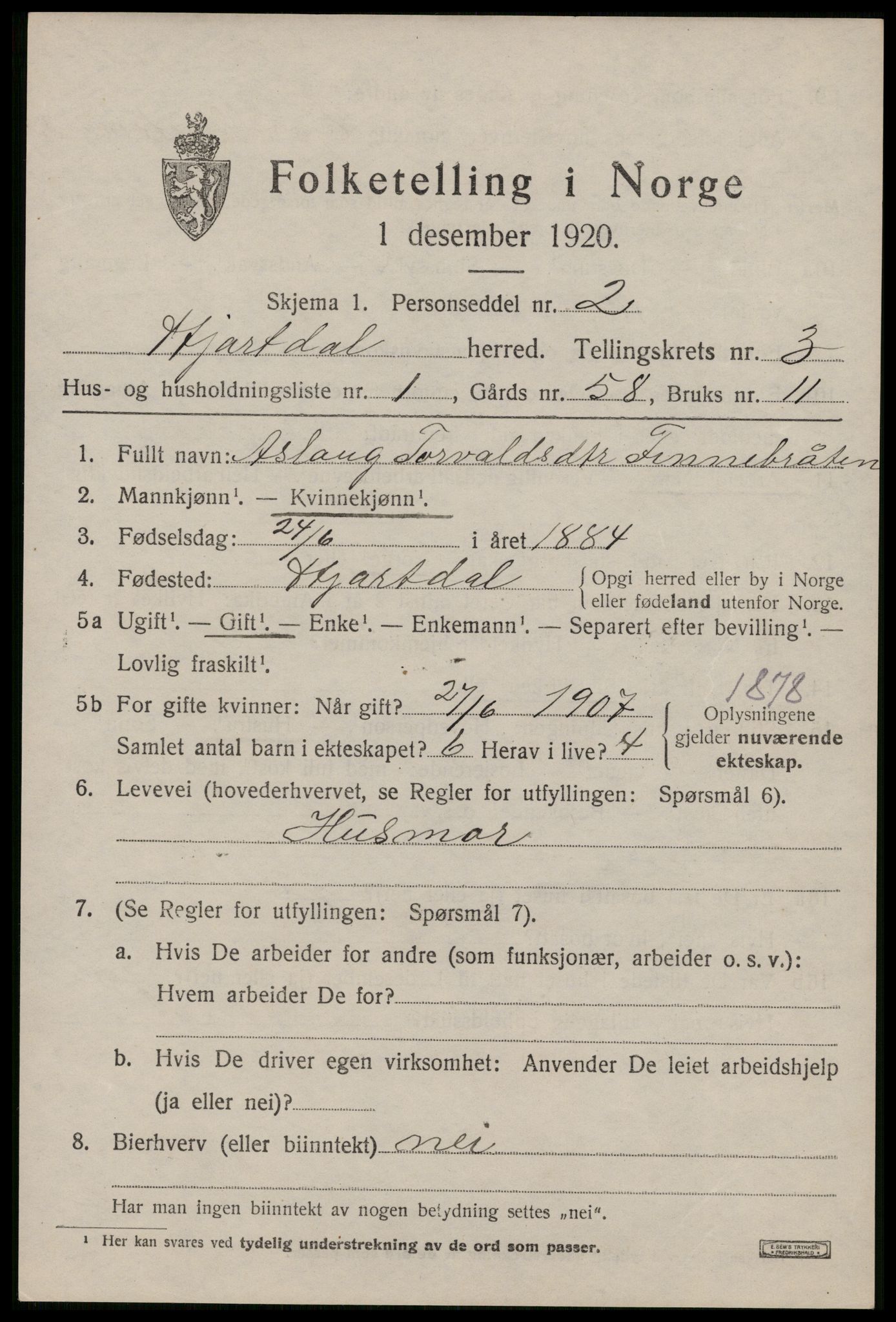 SAKO, 1920 census for Hjartdal, 1920, p. 2522