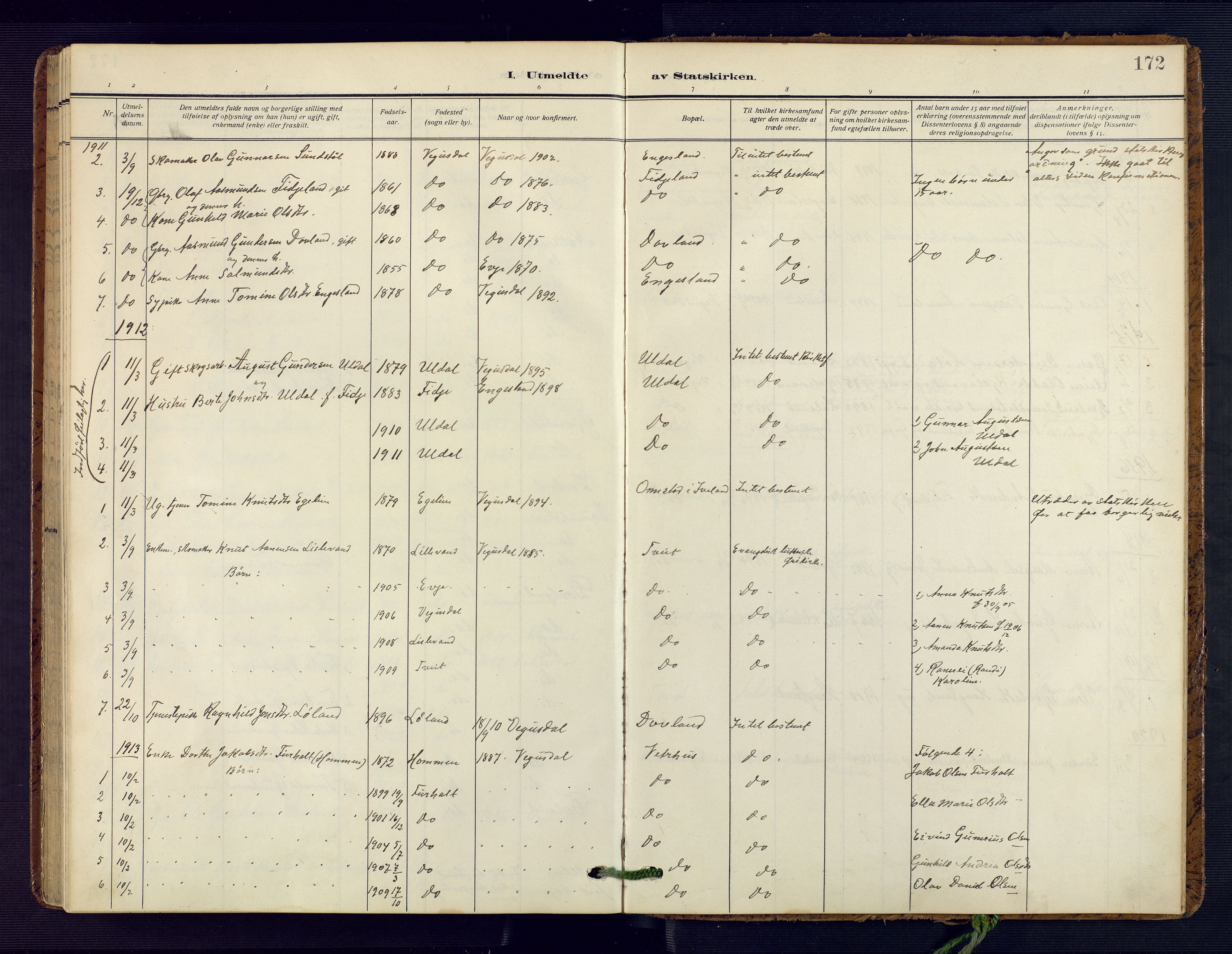 Herefoss sokneprestkontor, AV/SAK-1111-0019/F/Fa/Fab/L0005: Parish register (official) no. A 5, 1910-1932, p. 172