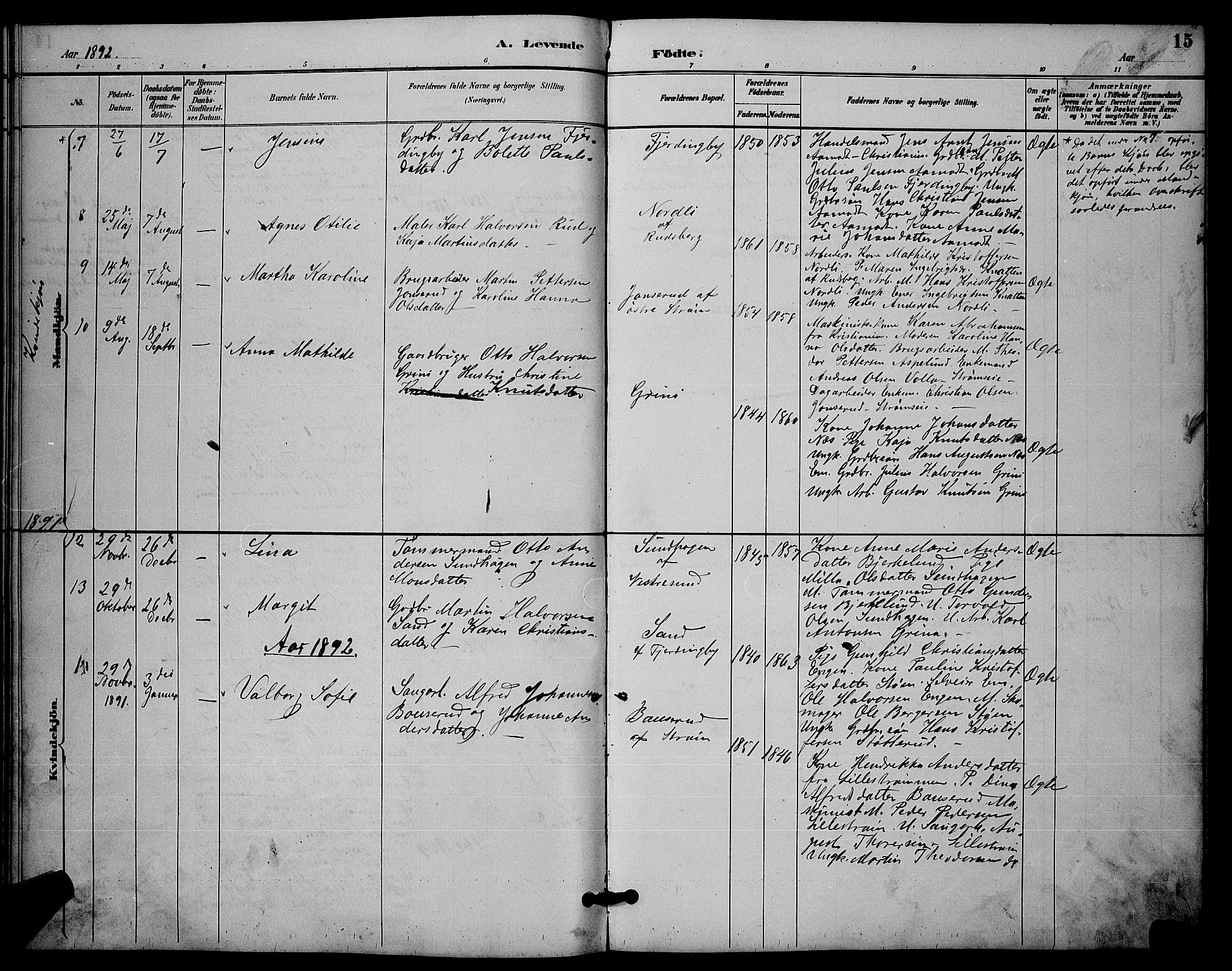 Fet prestekontor Kirkebøker, SAO/A-10370a/G/Gb/L0003: Parish register (copy) no. II 3, 1888-1894, p. 15
