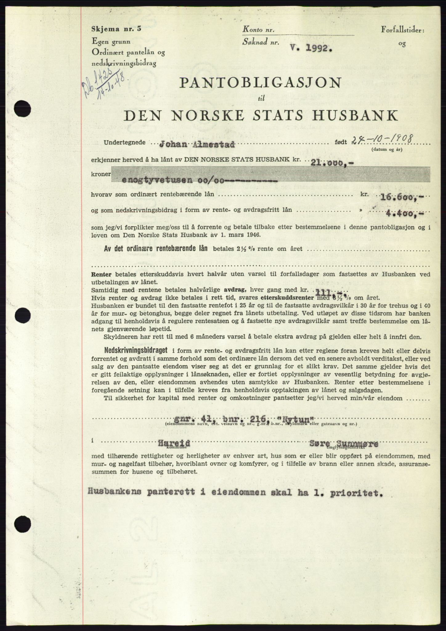 Søre Sunnmøre sorenskriveri, AV/SAT-A-4122/1/2/2C/L0116: Mortgage book no. 4B, 1948-1949, Diary no: : 1425/1948