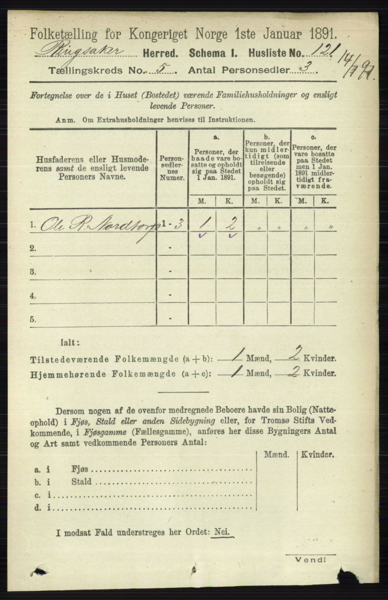 RA, 1891 census for 0412 Ringsaker, 1891, p. 2416