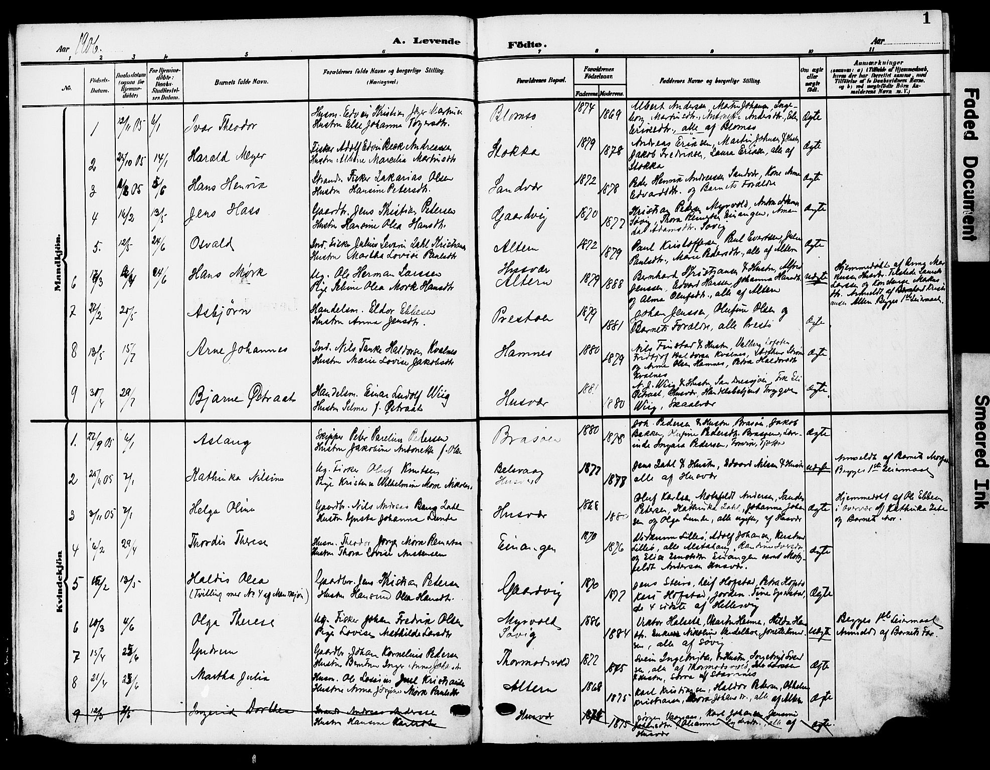 Ministerialprotokoller, klokkerbøker og fødselsregistre - Nordland, AV/SAT-A-1459/830/L0464: Parish register (copy) no. 830C06, 1906-1925, p. 1