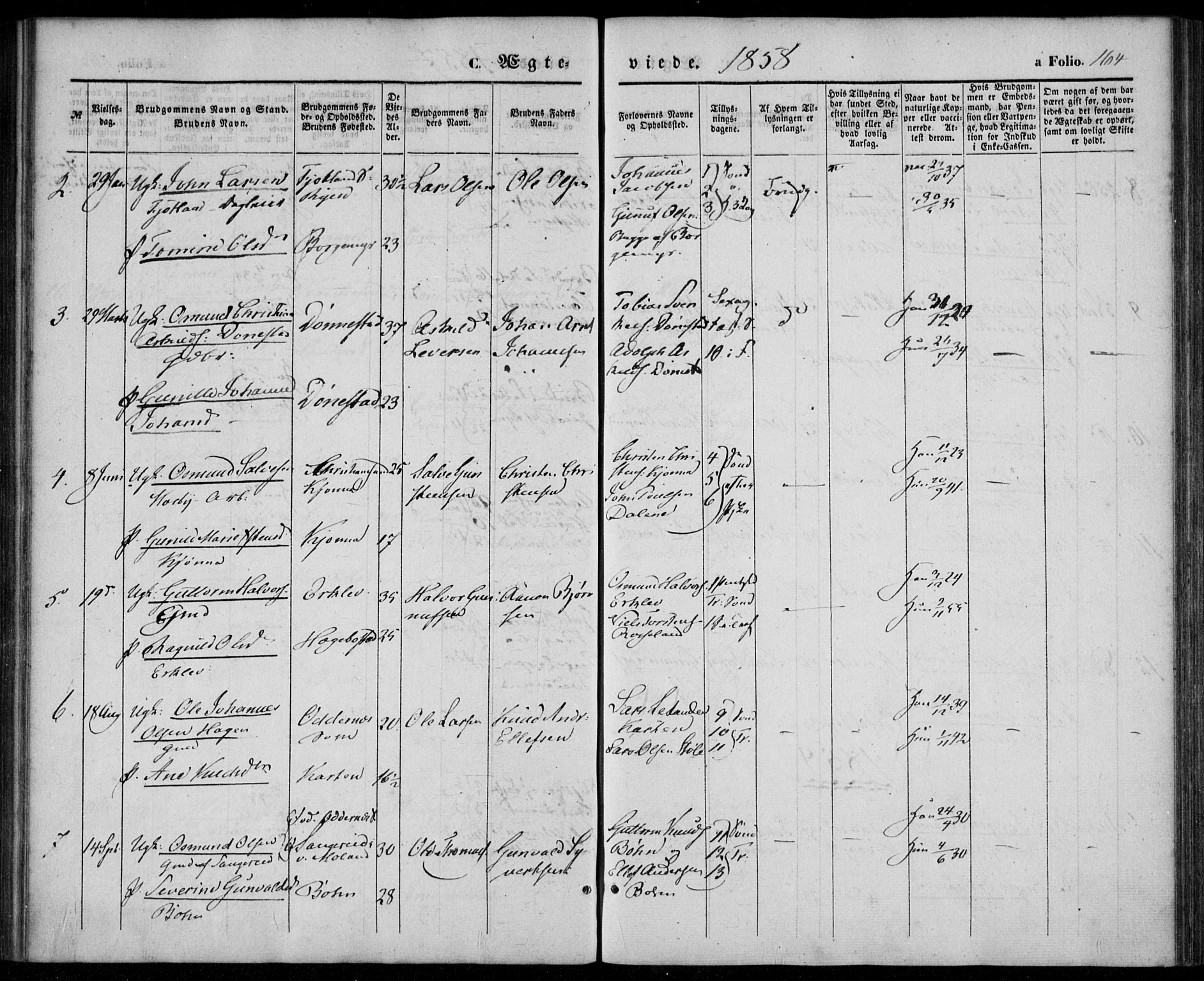 Tveit sokneprestkontor, AV/SAK-1111-0043/F/Fa/L0005: Parish register (official) no. A 5, 1853-1871, p. 164