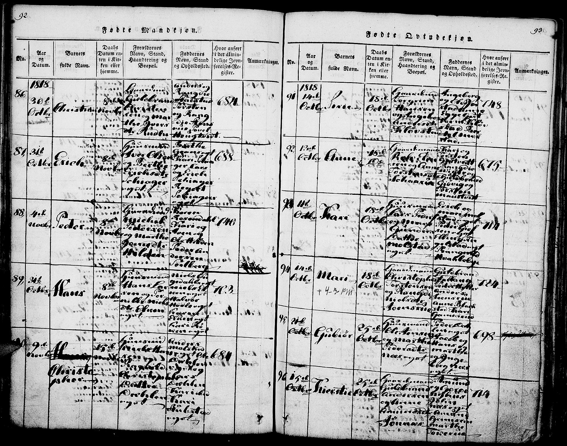 Gran prestekontor, SAH/PREST-112/H/Ha/Haa/L0009: Parish register (official) no. 9, 1815-1824, p. 92-93