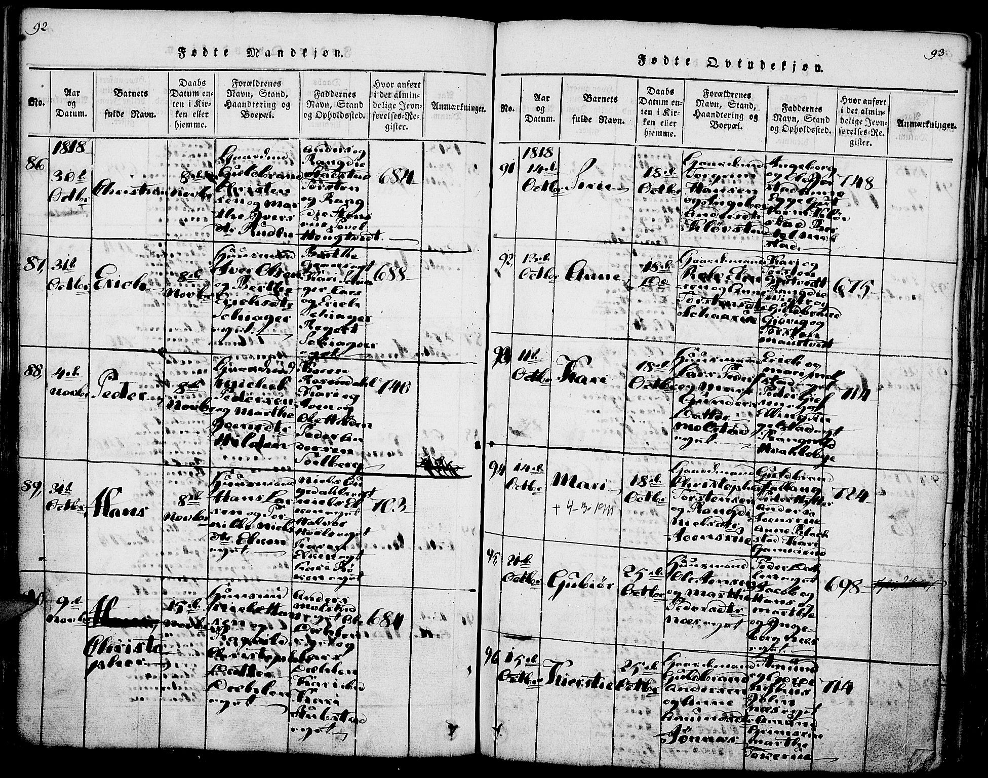 Gran prestekontor, AV/SAH-PREST-112/H/Ha/Haa/L0009: Parish register (official) no. 9, 1815-1824, p. 92-93