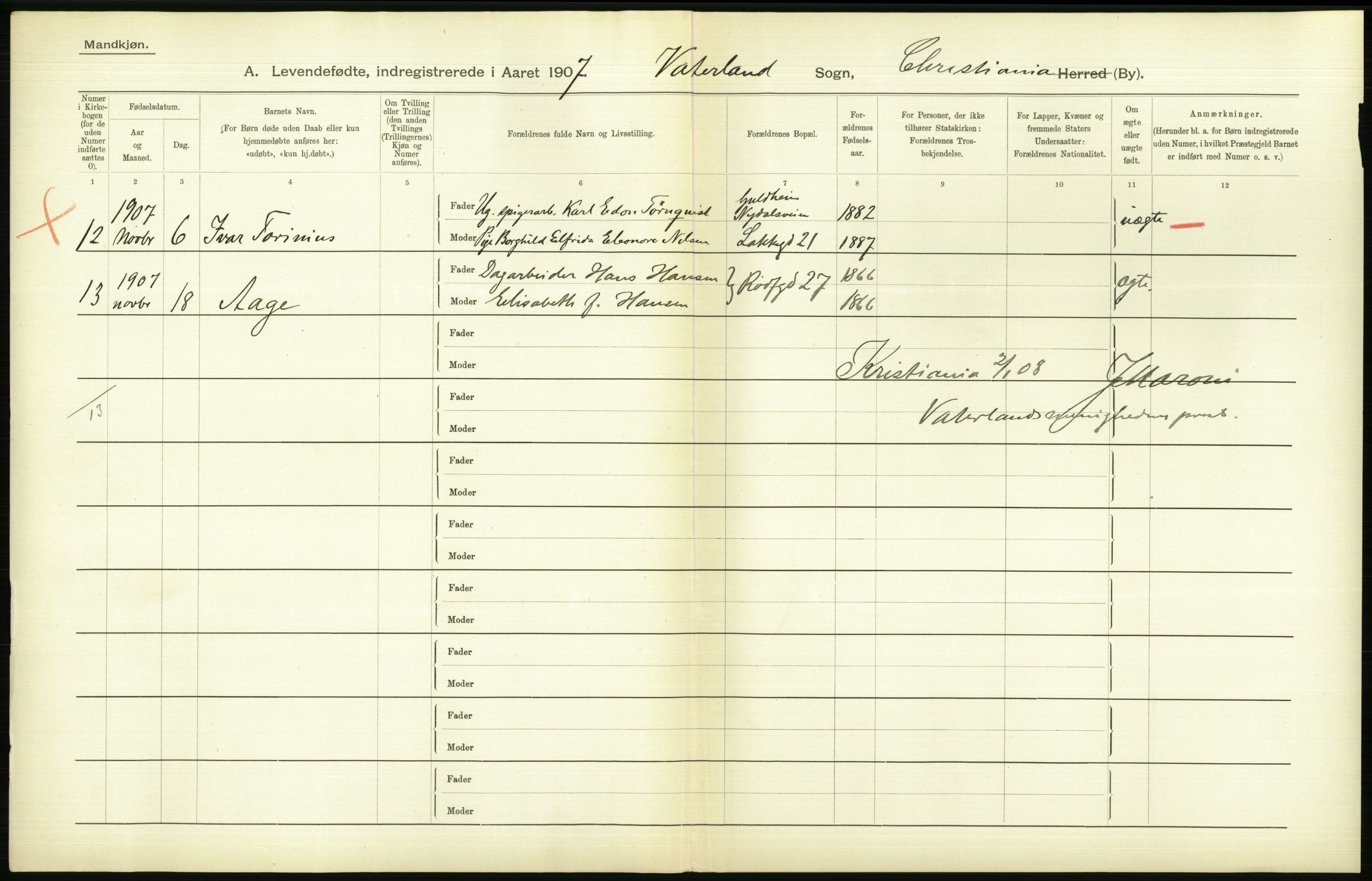 Statistisk sentralbyrå, Sosiodemografiske emner, Befolkning, AV/RA-S-2228/D/Df/Dfa/Dfae/L0007: Kristiania: Levendefødte menn og kvinner., 1907, p. 726