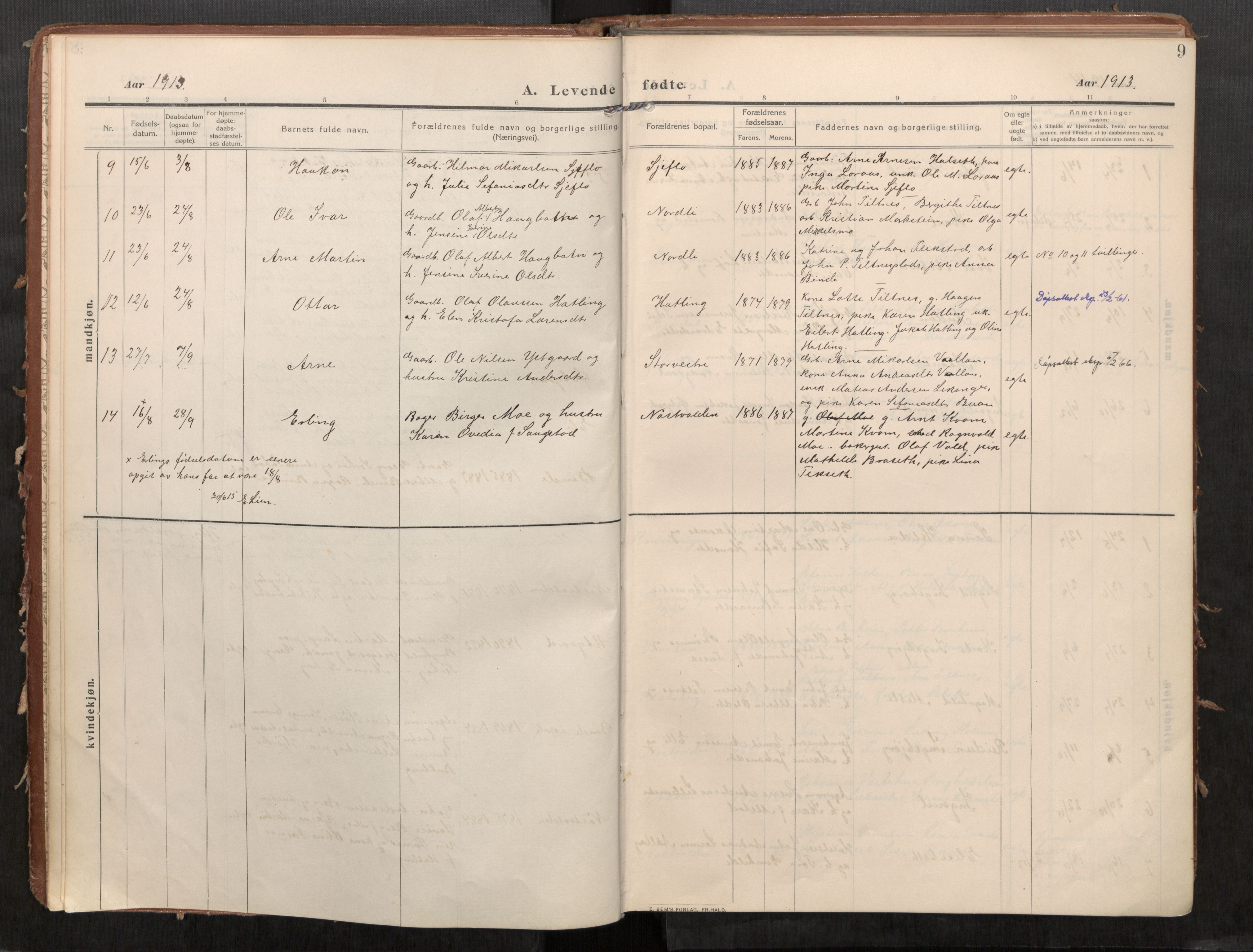 Stod sokneprestkontor, SAT/A-1164/1/I/I1/I1a/L0002: Parish register (official) no. 2, 1909-1922, p. 9
