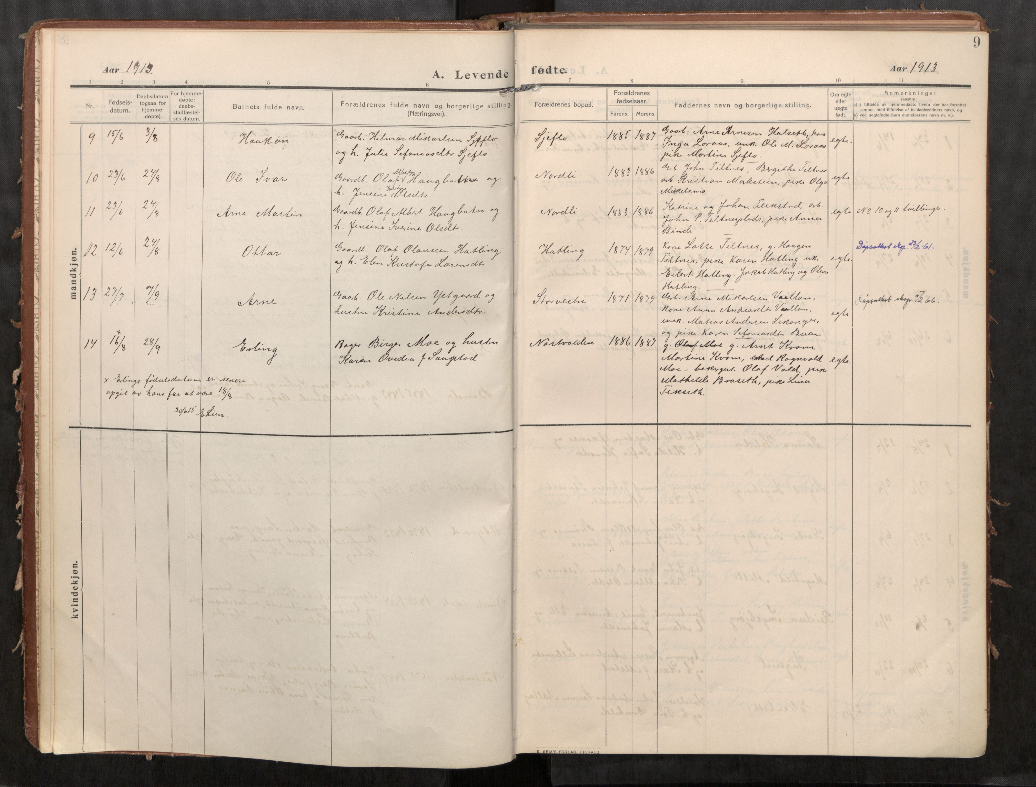 Stod sokneprestkontor, AV/SAT-A-1164/1/I/I1/I1a/L0002: Parish register (official) no. 2, 1909-1922, p. 9