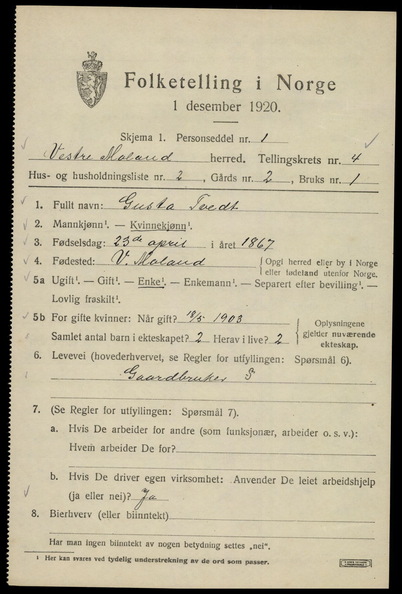 SAK, 1920 census for Vestre Moland, 1920, p. 3567
