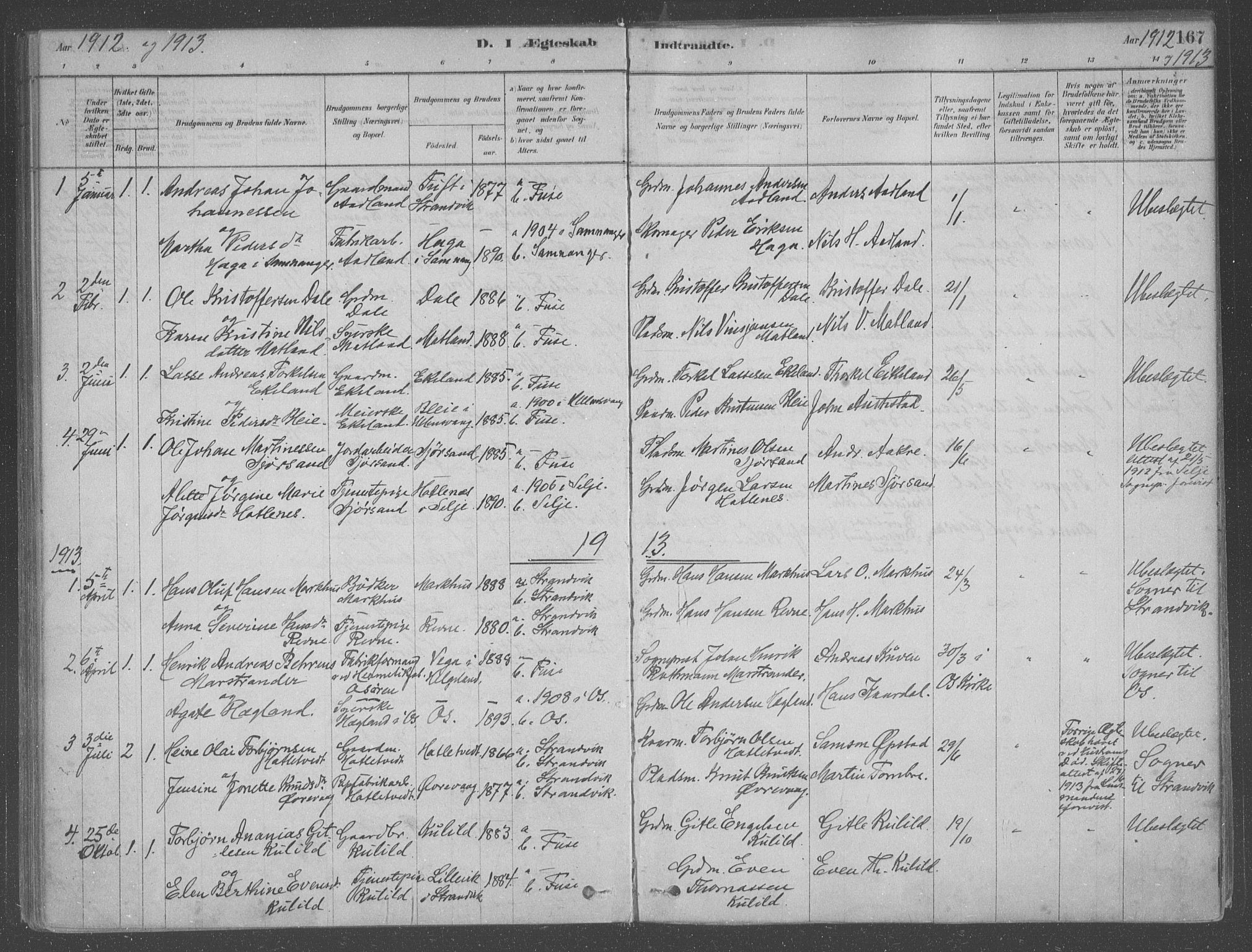 Fusa sokneprestembete, AV/SAB-A-75401/H/Haa: Parish register (official) no. B 1, 1880-1938, p. 167