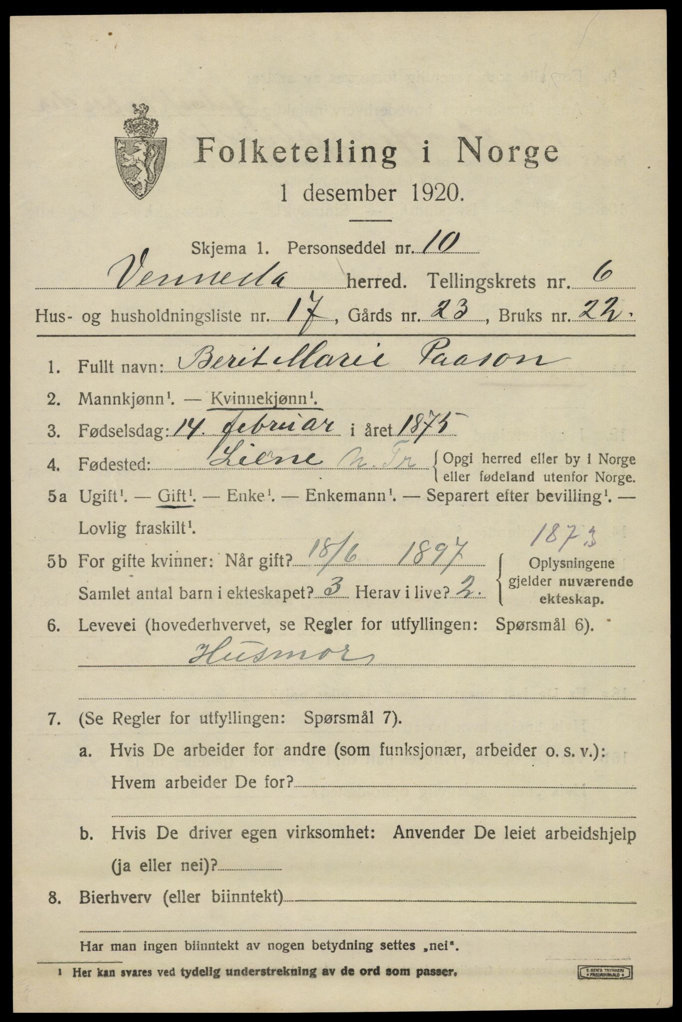 SAK, 1920 census for Vennesla, 1920, p. 4522