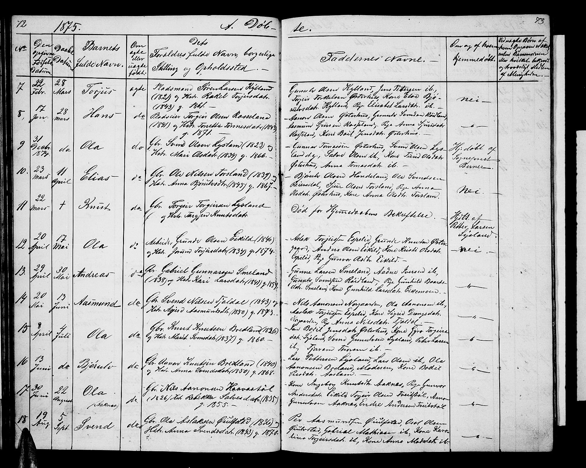 Åseral sokneprestkontor, AV/SAK-1111-0051/F/Fb/L0001: Parish register (copy) no. B 1, 1856-1877, p. 72-73