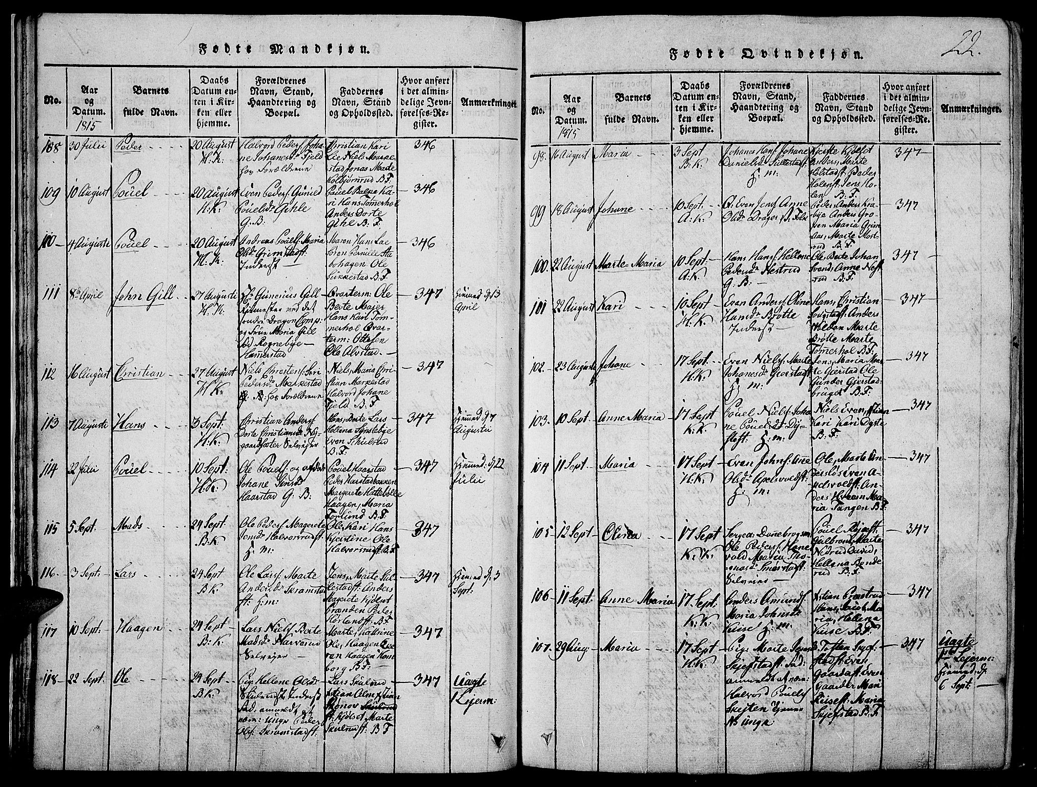 Toten prestekontor, SAH/PREST-102/H/Ha/Haa/L0009: Parish register (official) no. 9, 1814-1820, p. 22