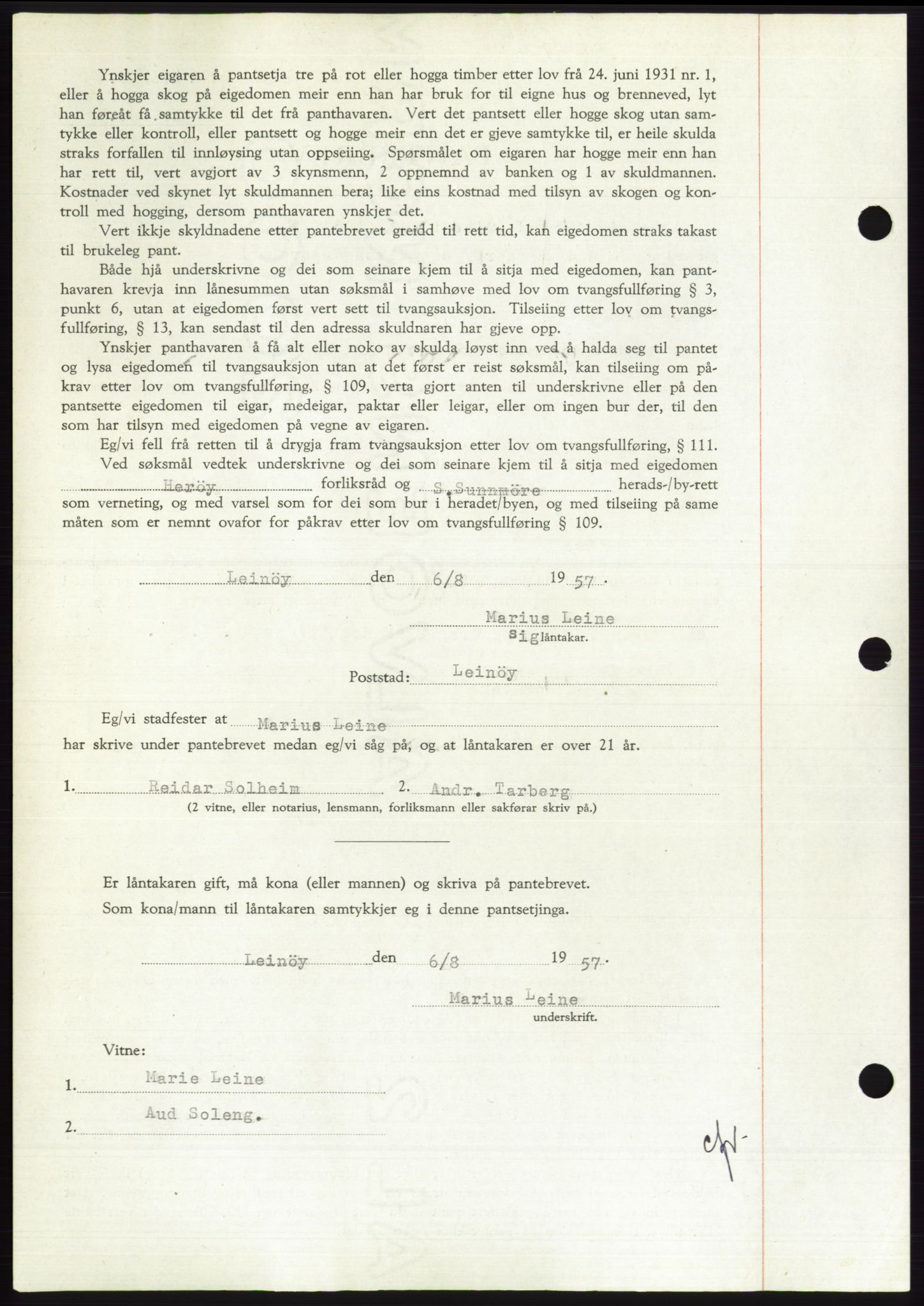 Søre Sunnmøre sorenskriveri, AV/SAT-A-4122/1/2/2C/L0130: Mortgage book no. 18B, 1957-1958, Diary no: : 1859/1957