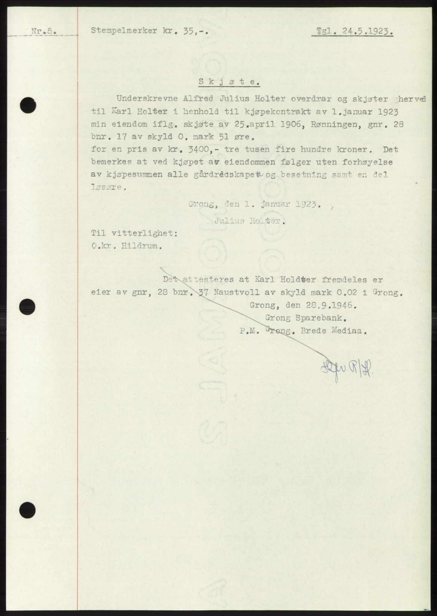Namdal sorenskriveri, SAT/A-4133/1/2/2C: Mortgage book no. -, 1922-1925, Deed date: 24.05.1923