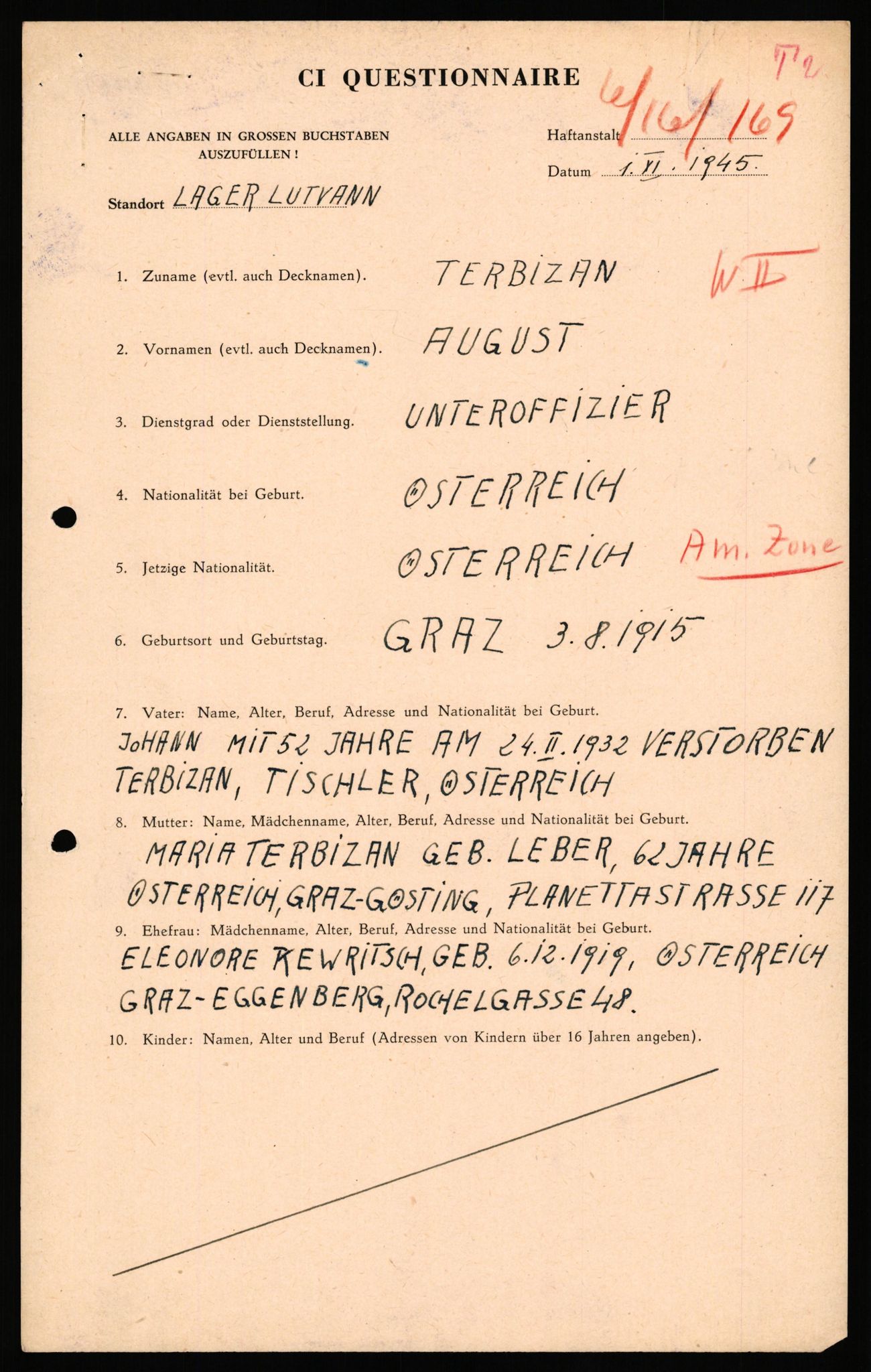 Forsvaret, Forsvarets overkommando II, AV/RA-RAFA-3915/D/Db/L0040: CI Questionaires. Tyske okkupasjonsstyrker i Norge. Østerrikere., 1945-1946, p. 287