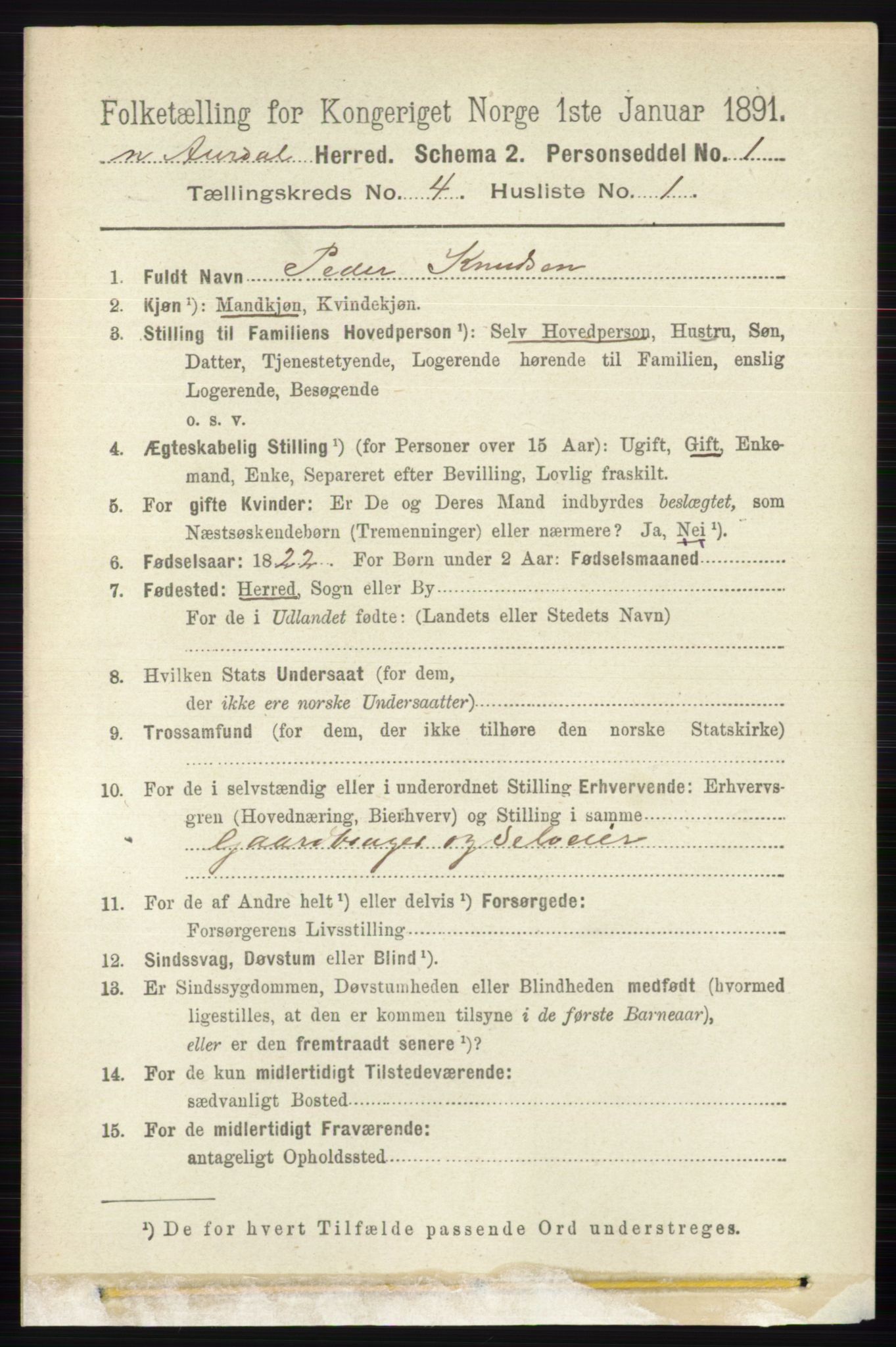 RA, 1891 census for 0542 Nord-Aurdal, 1891, p. 1168