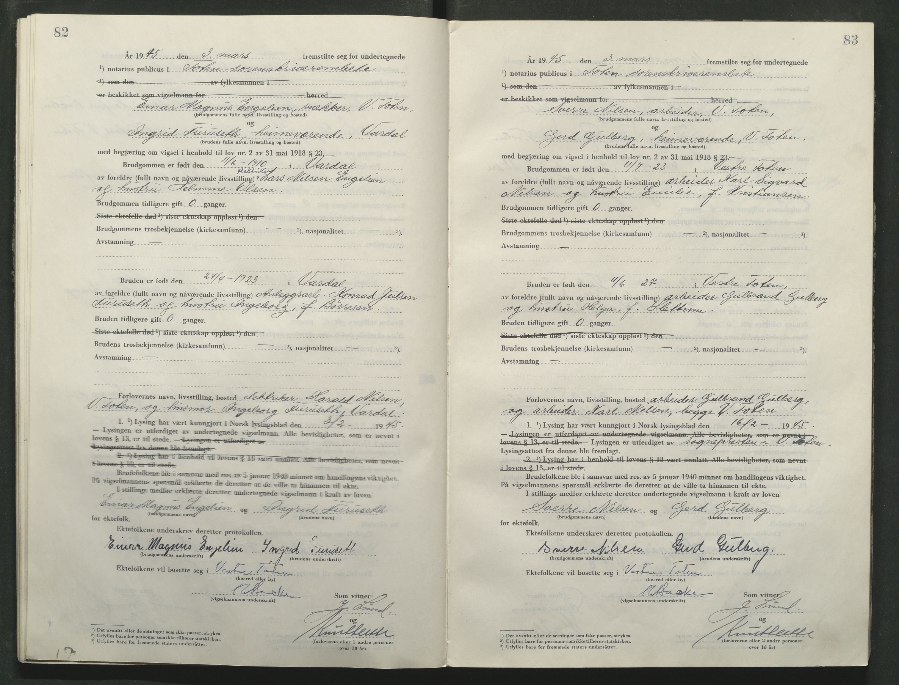 Toten tingrett, AV/SAH-TING-006/L/Lc/L0005: Vigselbok, 1944-1948, p. 82-83