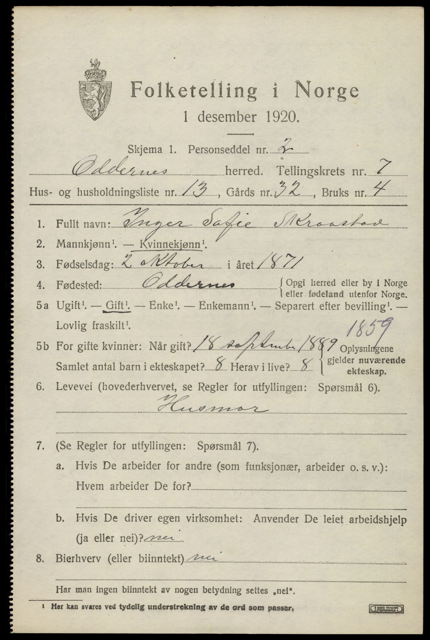SAK, 1920 census for Oddernes, 1920, p. 5449