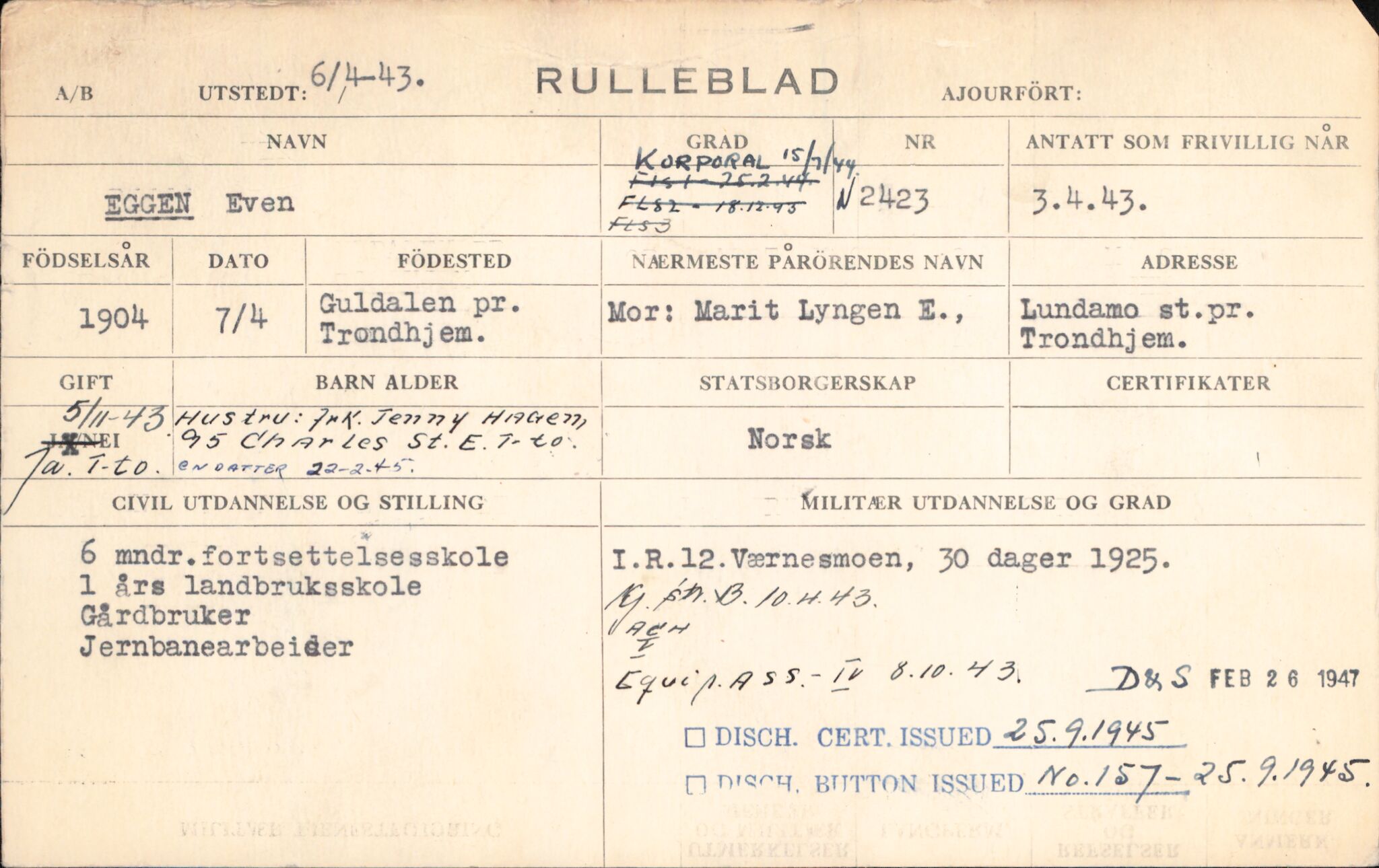 Forsvaret, Forsvarets overkommando/Luftforsvarsstaben, AV/RA-RAFA-4079/P/Pa/L0011: Personellpapirer, 1904, p. 142