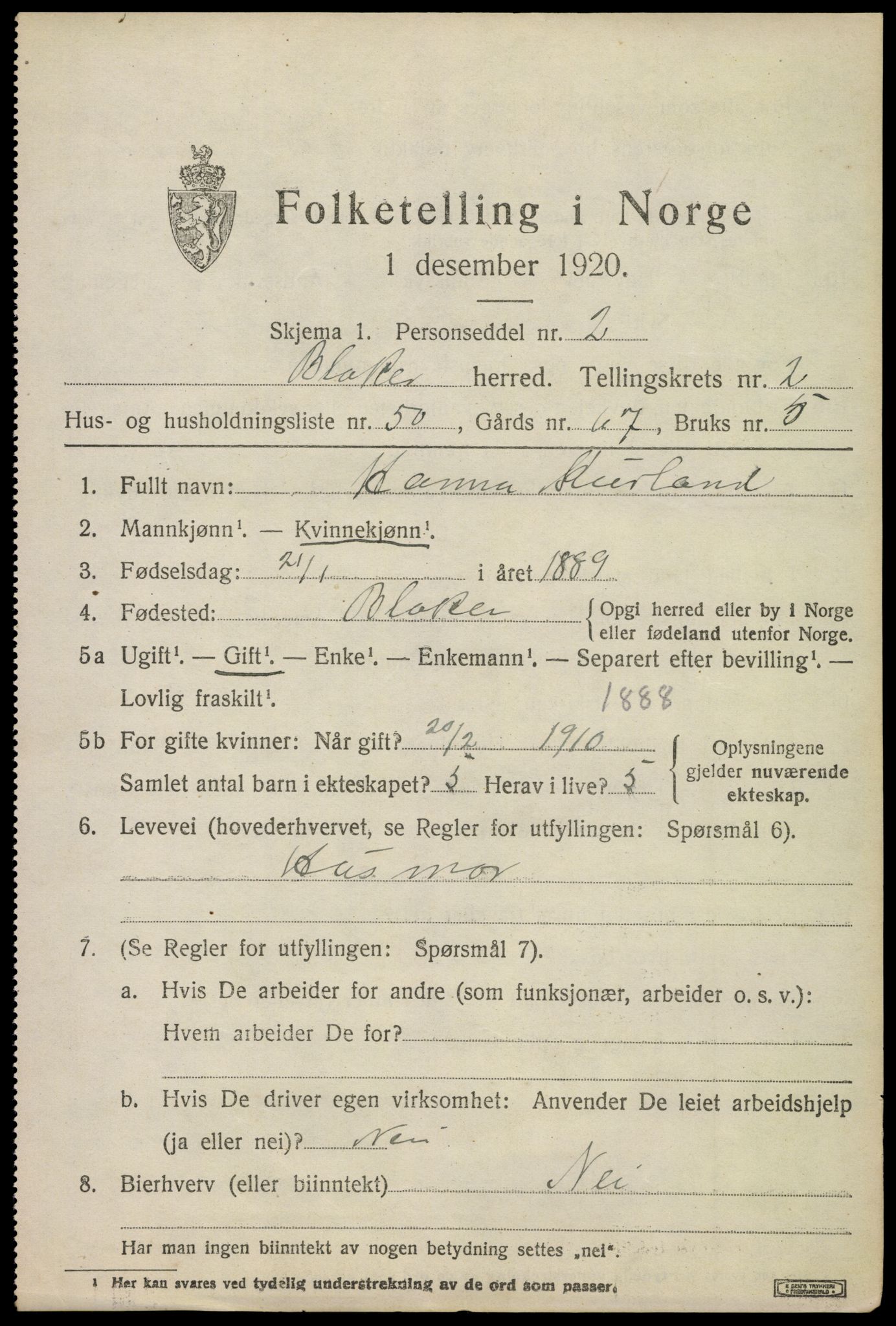 SAO, 1920 census for Blaker, 1920, p. 2005