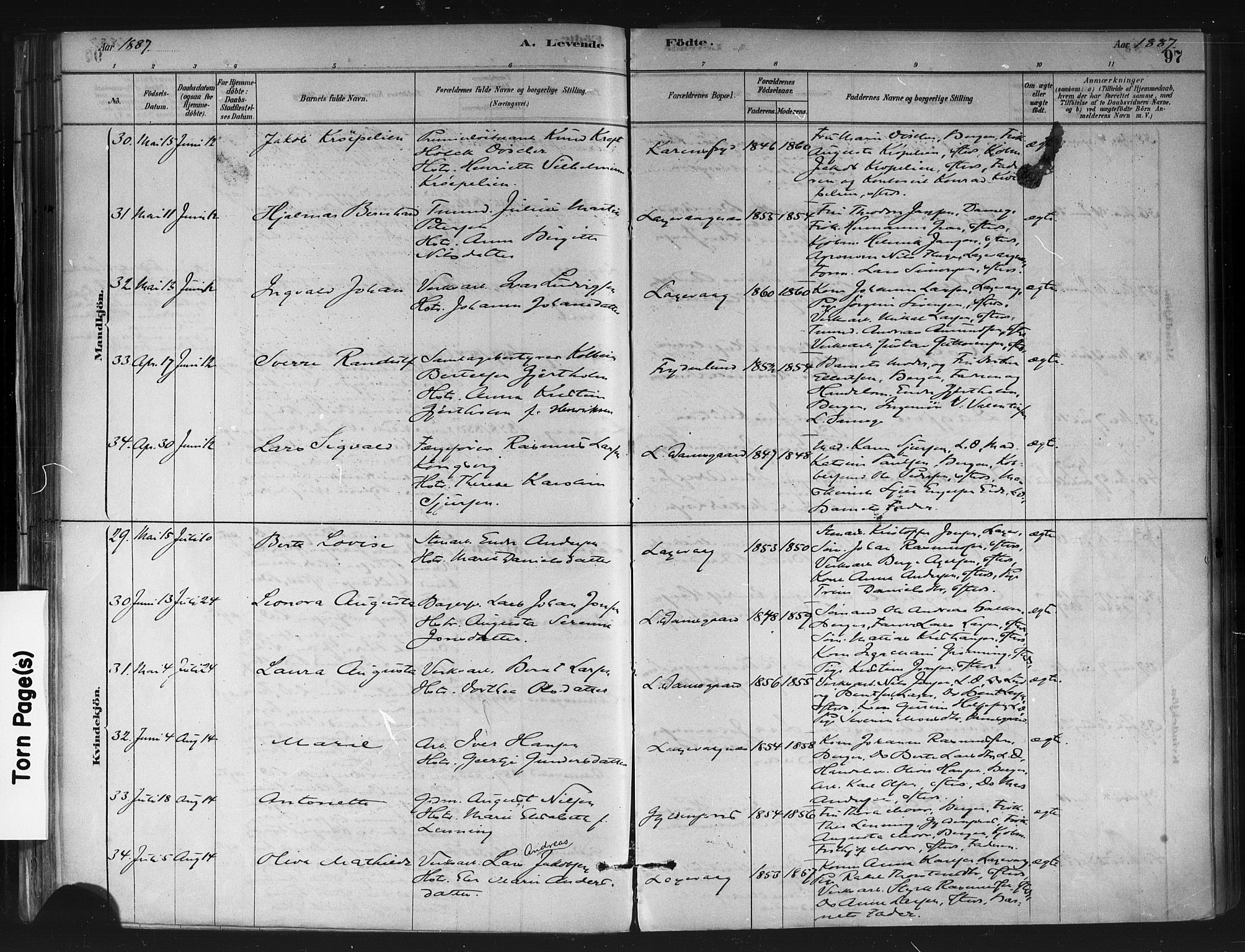 Askøy Sokneprestembete, AV/SAB-A-74101/H/Ha/Haa/Haae/L0002: Parish register (official) no. E 2, 1878-1891, p. 97