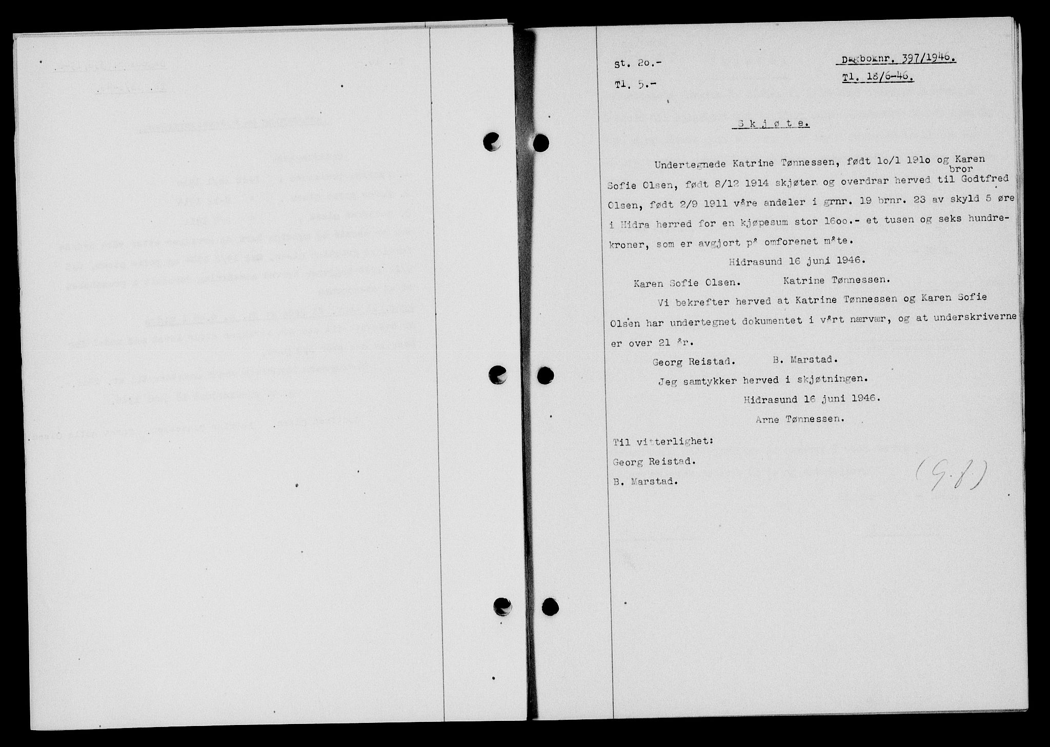 Flekkefjord sorenskriveri, AV/SAK-1221-0001/G/Gb/Gba/L0060: Mortgage book no. A-8, 1945-1946, Diary no: : 397/1946