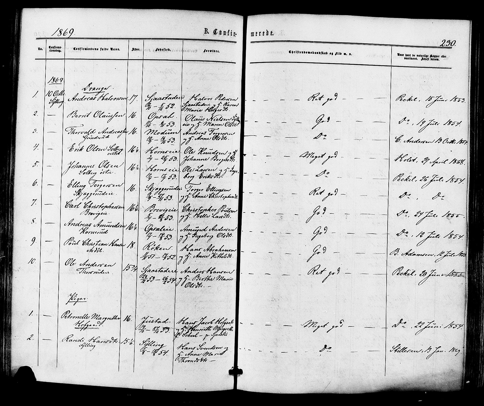 Lier kirkebøker, AV/SAKO-A-230/F/Fa/L0013: Parish register (official) no. I 13, 1865-1874, p. 230