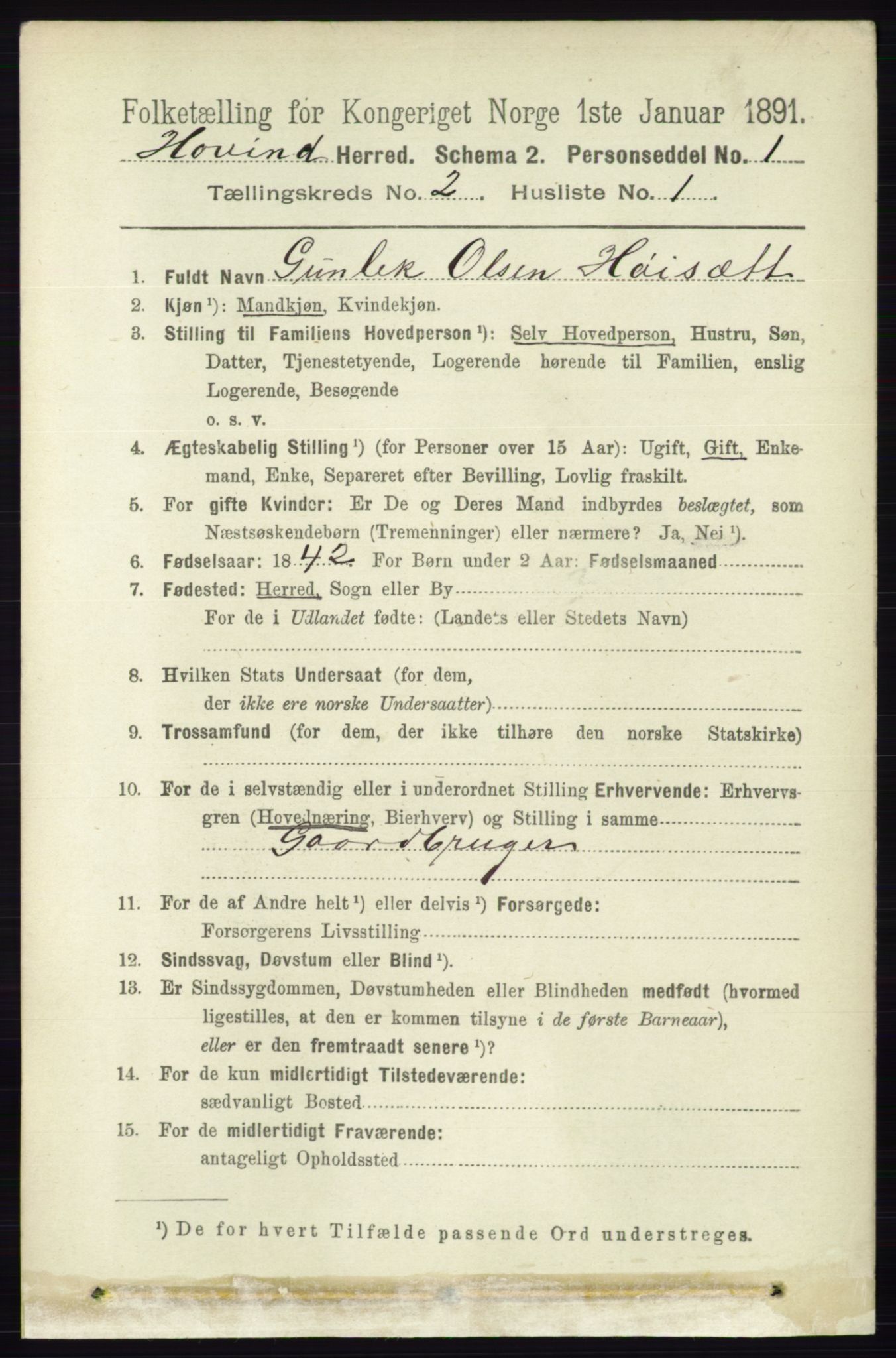 RA, 1891 census for 0825 Hovin, 1891, p. 490