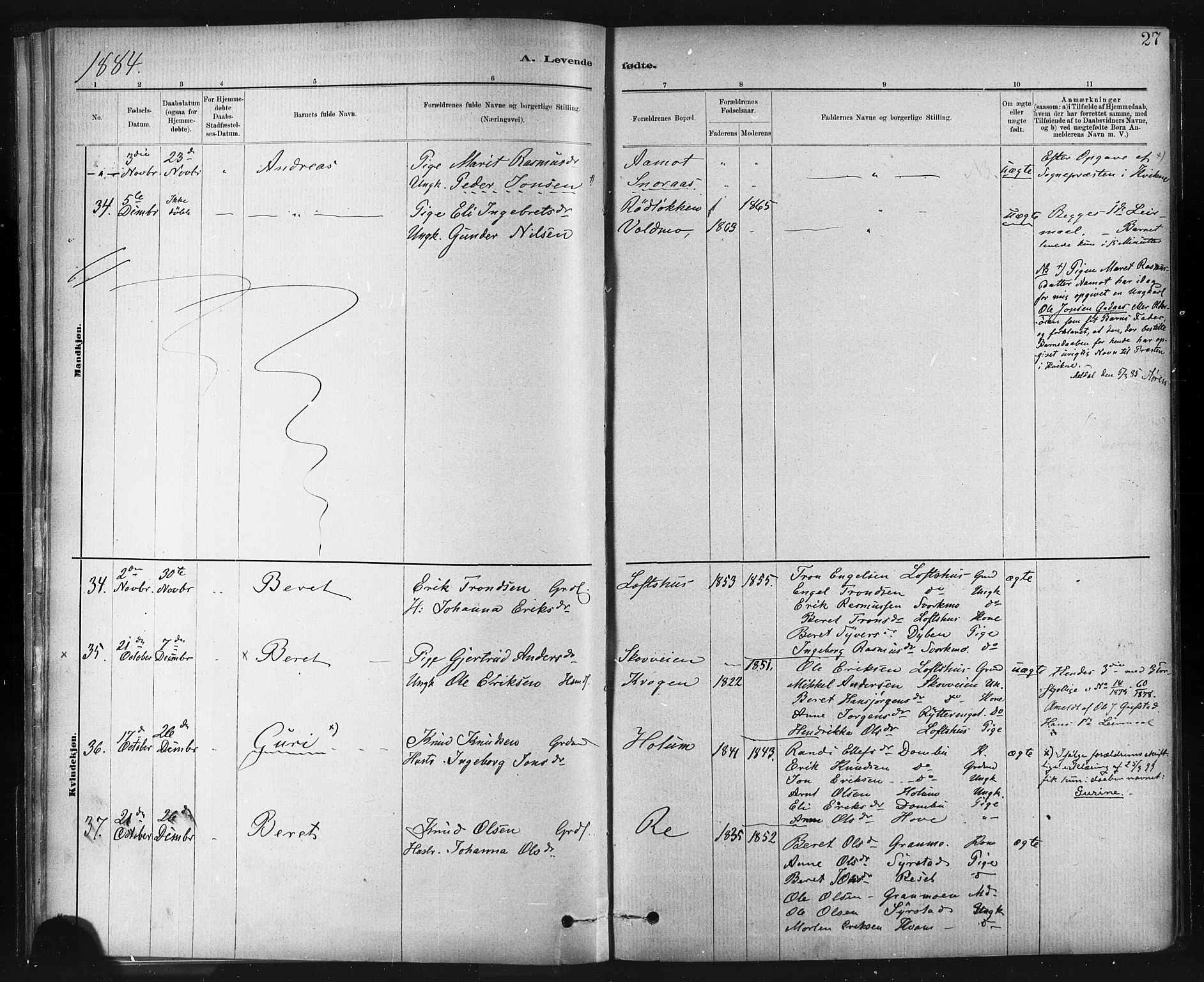 Ministerialprotokoller, klokkerbøker og fødselsregistre - Sør-Trøndelag, SAT/A-1456/672/L0857: Parish register (official) no. 672A09, 1882-1893, p. 27