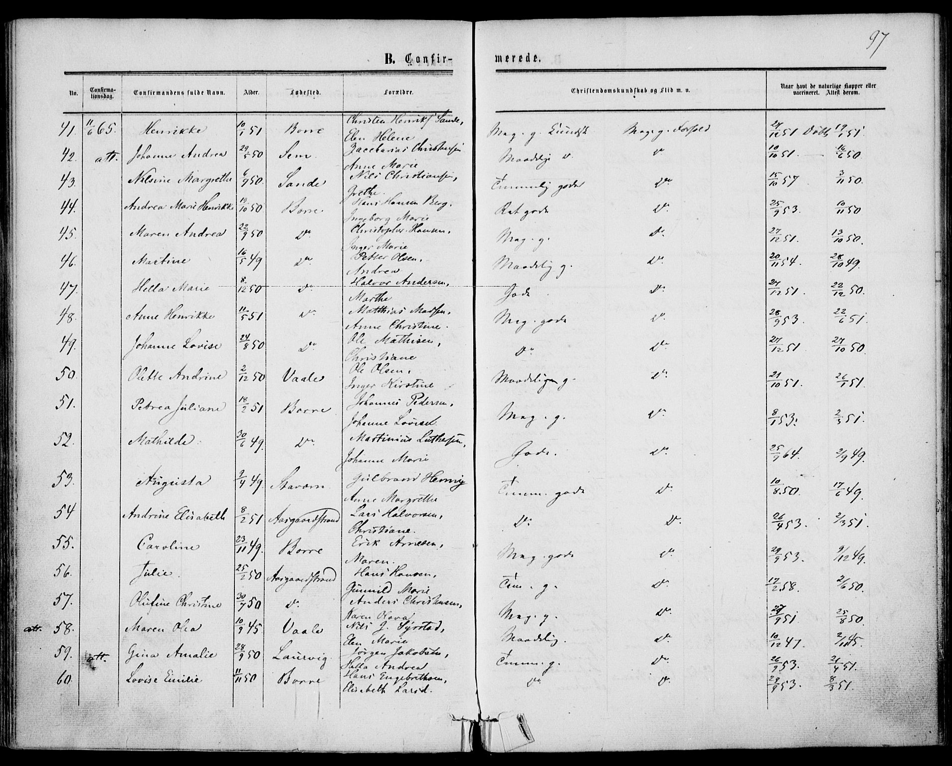 Borre kirkebøker, AV/SAKO-A-338/F/Fa/L0007: Parish register (official) no. I 7, 1862-1867, p. 97