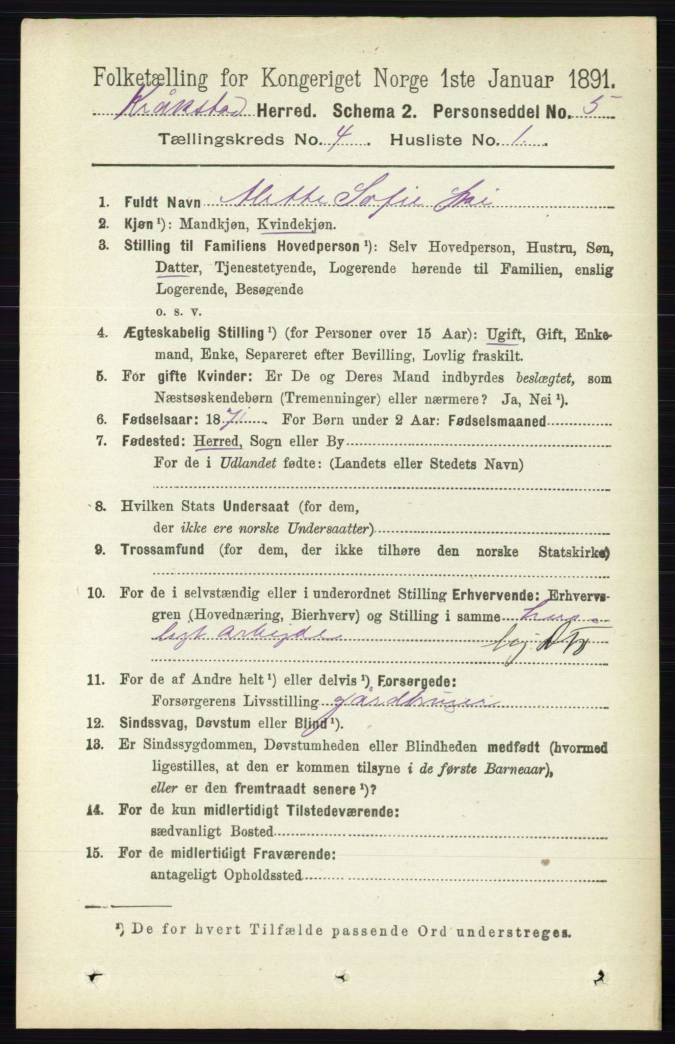 RA, 1891 census for 0212 Kråkstad, 1891, p. 1724