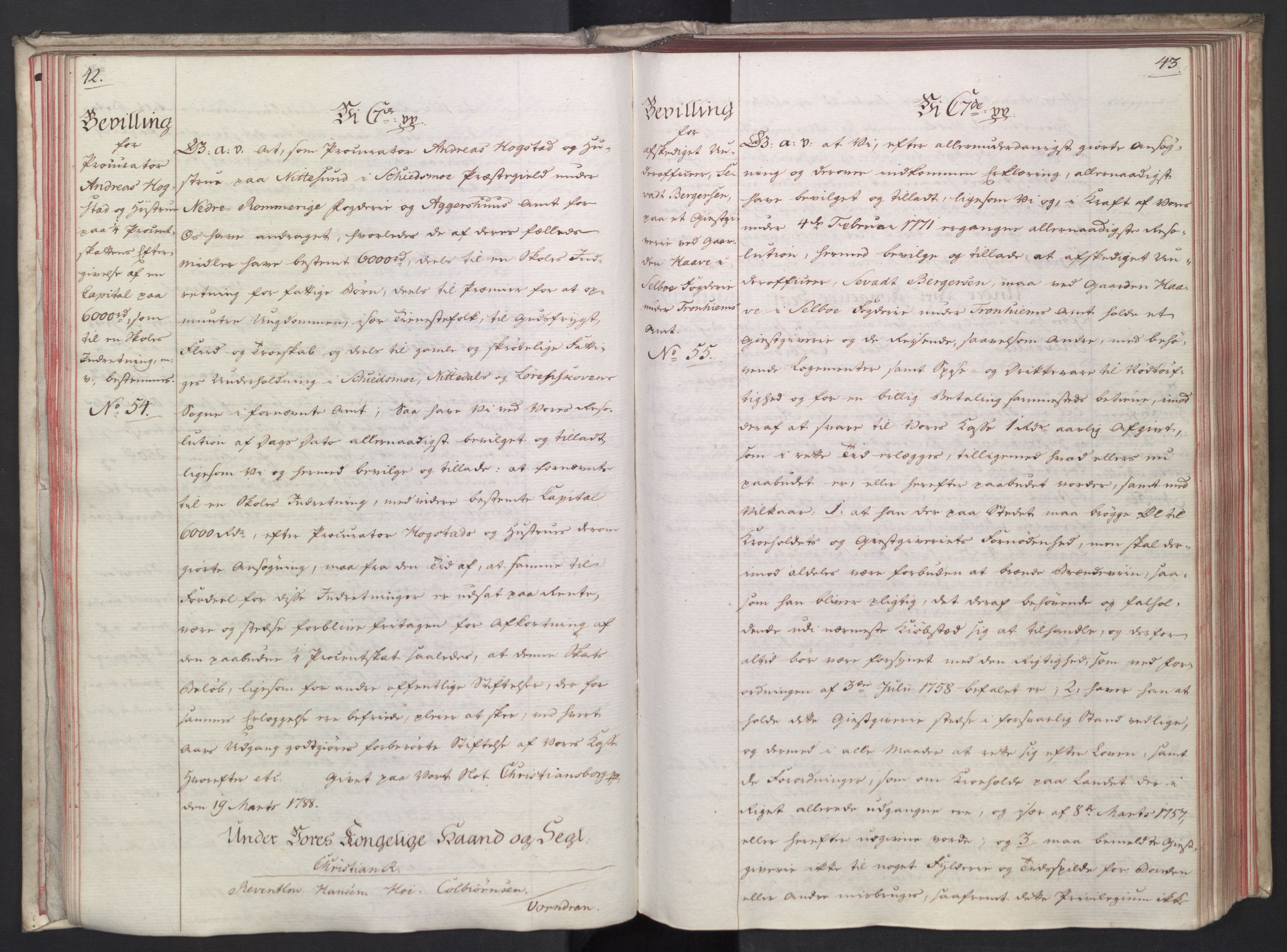 Rentekammeret, Kammerkanselliet, AV/RA-EA-3111/G/Gg/Gga/L0014: Norsk ekspedisjonsprotokoll med register (merket RK 53.14), 1787-1790, p. 42-43