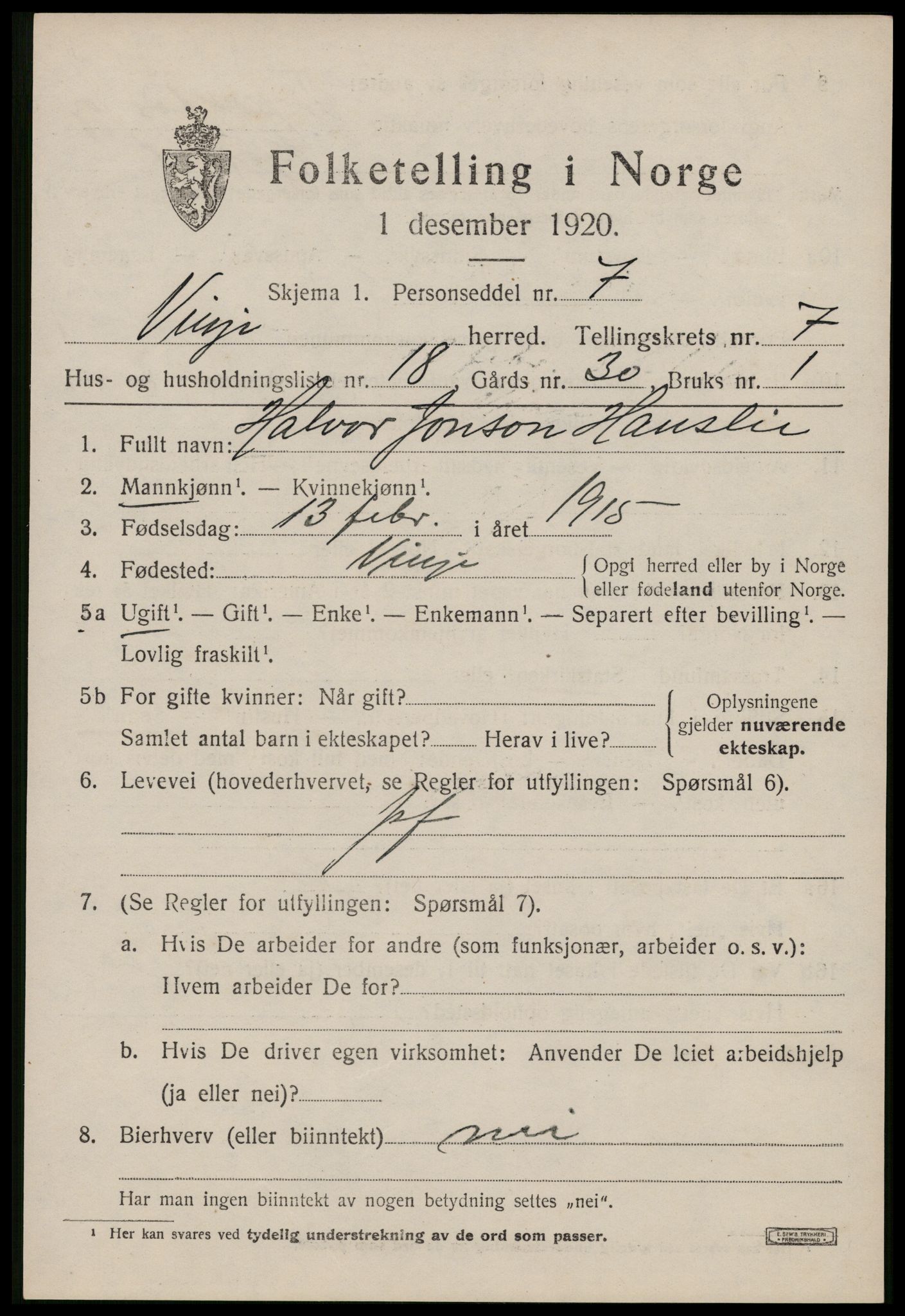 SAKO, 1920 census for Vinje, 1920, p. 2189