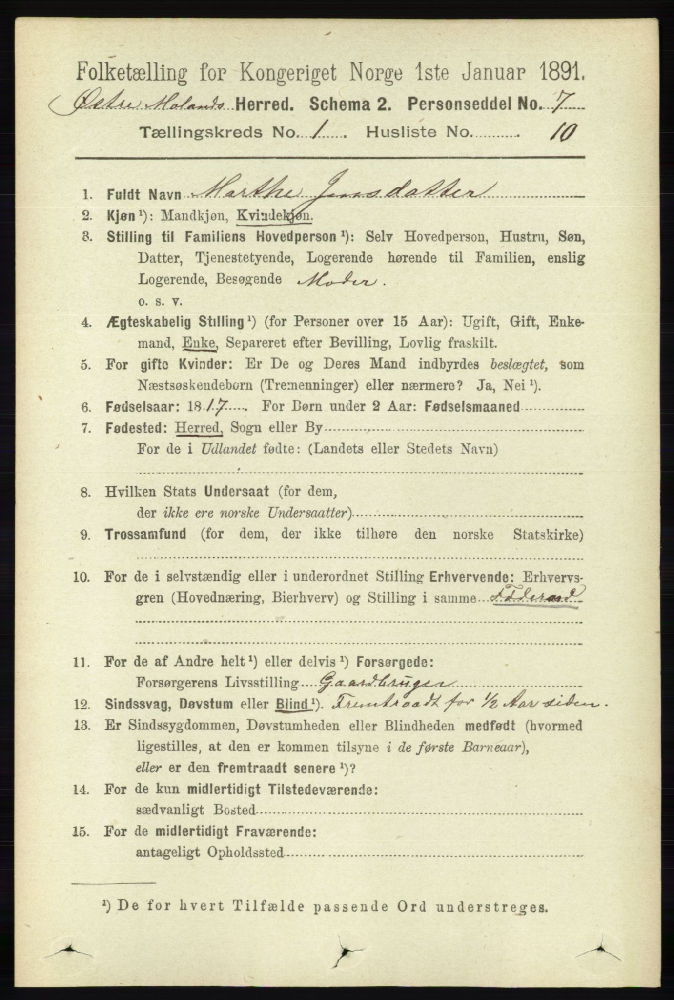 RA, 1891 census for 0918 Austre Moland, 1891, p. 147