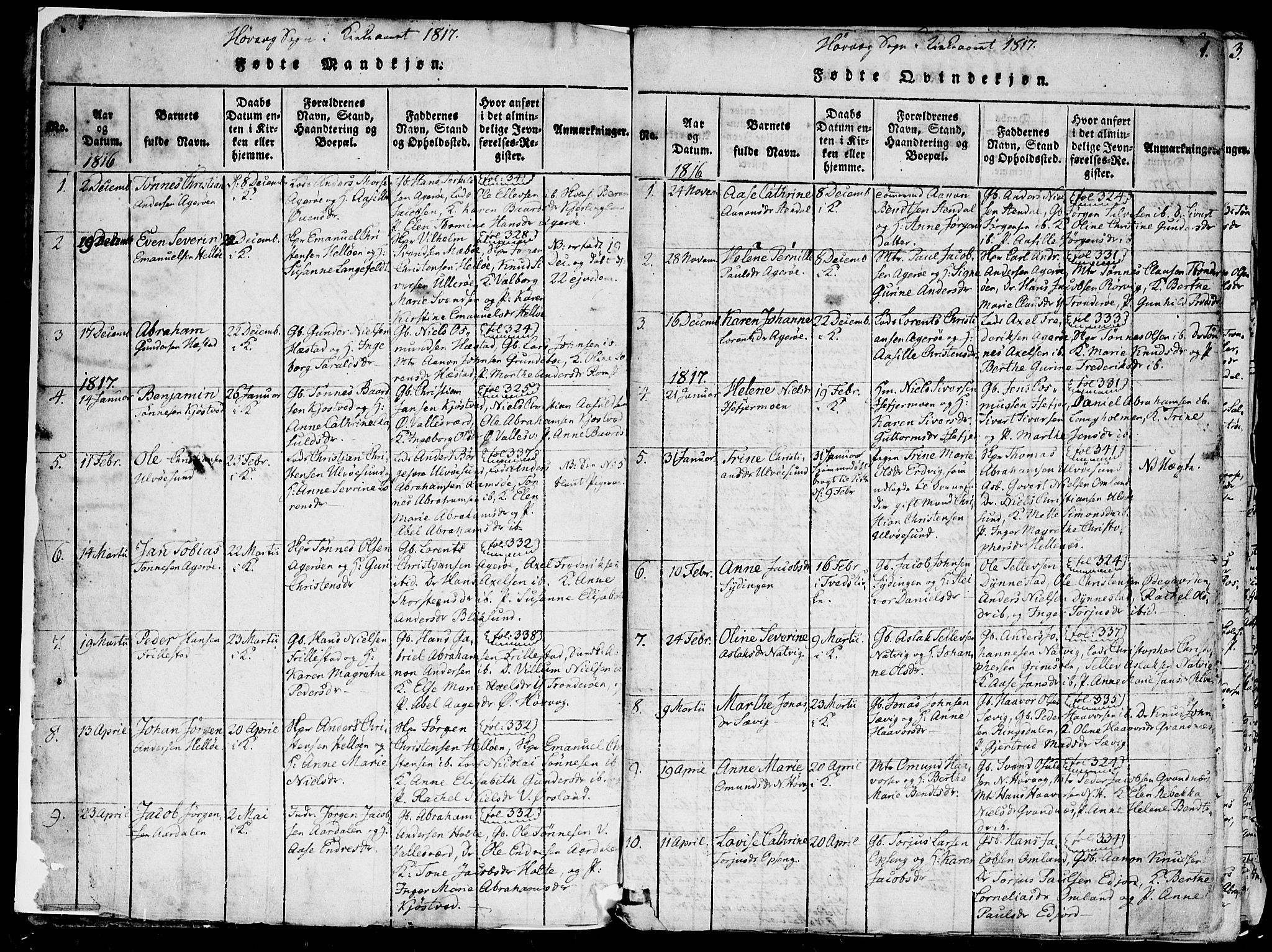 Høvåg sokneprestkontor, SAK/1111-0025/F/Fa/L0001: Parish register (official) no. A 1, 1816-1843, p. 1