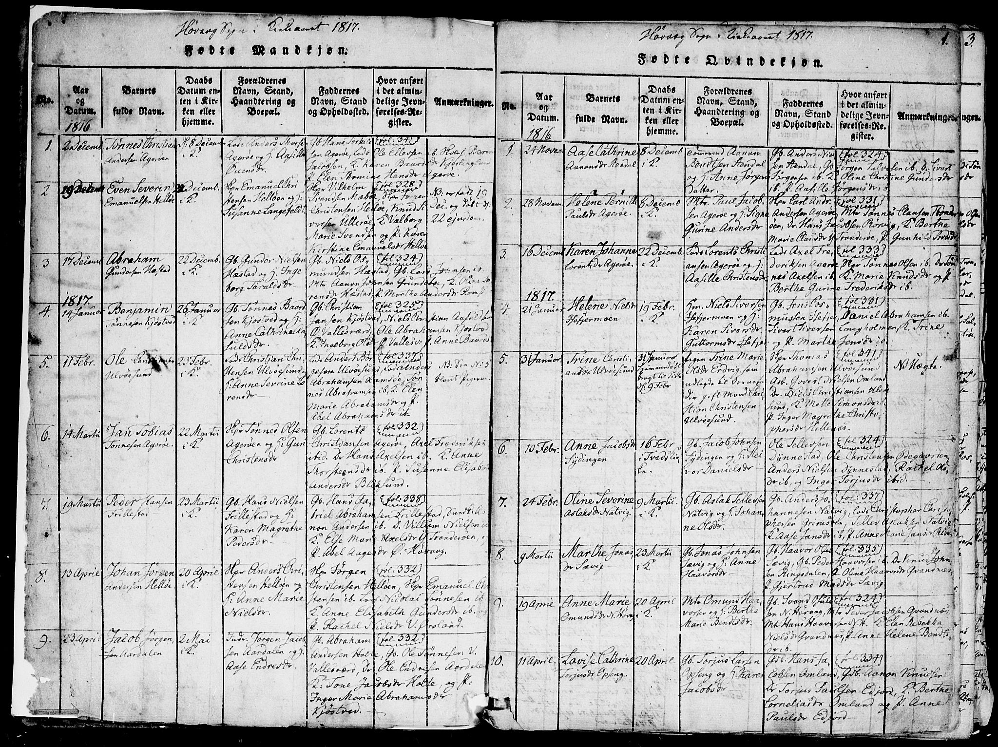 Høvåg sokneprestkontor, AV/SAK-1111-0025/F/Fa/L0001: Parish register (official) no. A 1, 1816-1843, p. 1