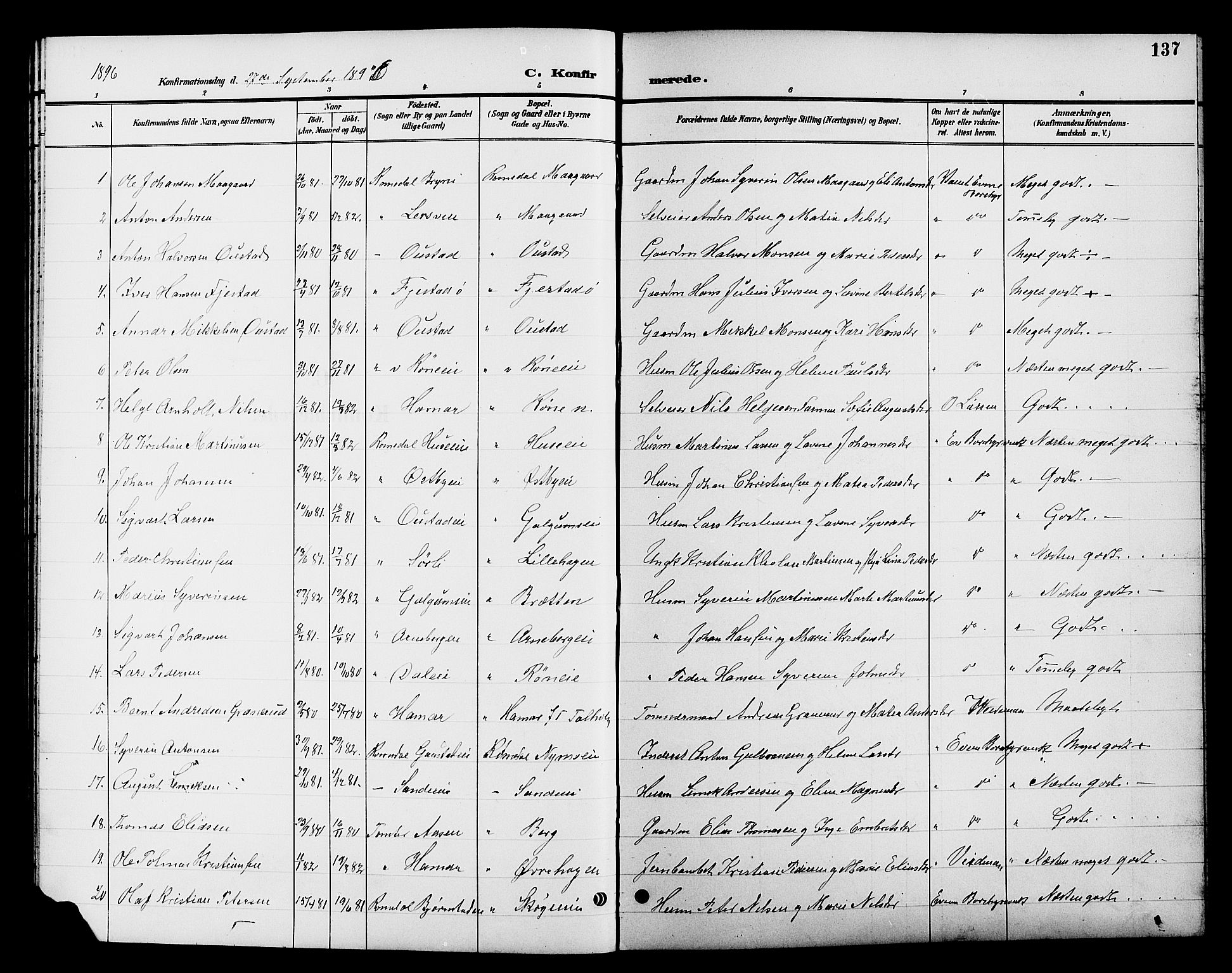 Romedal prestekontor, SAH/PREST-004/L/L0012: Parish register (copy) no. 12, 1896-1914, p. 137