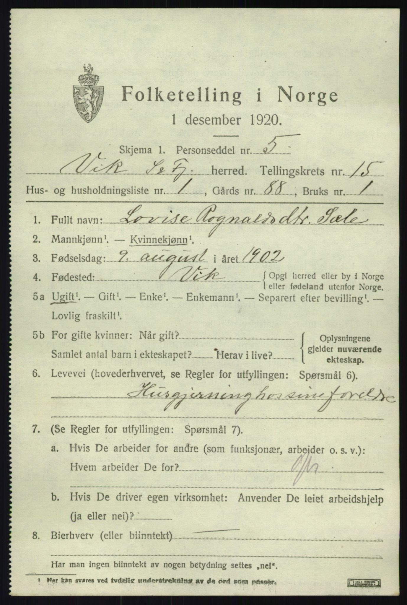 SAB, 1920 census for Vik, 1920, p. 7729