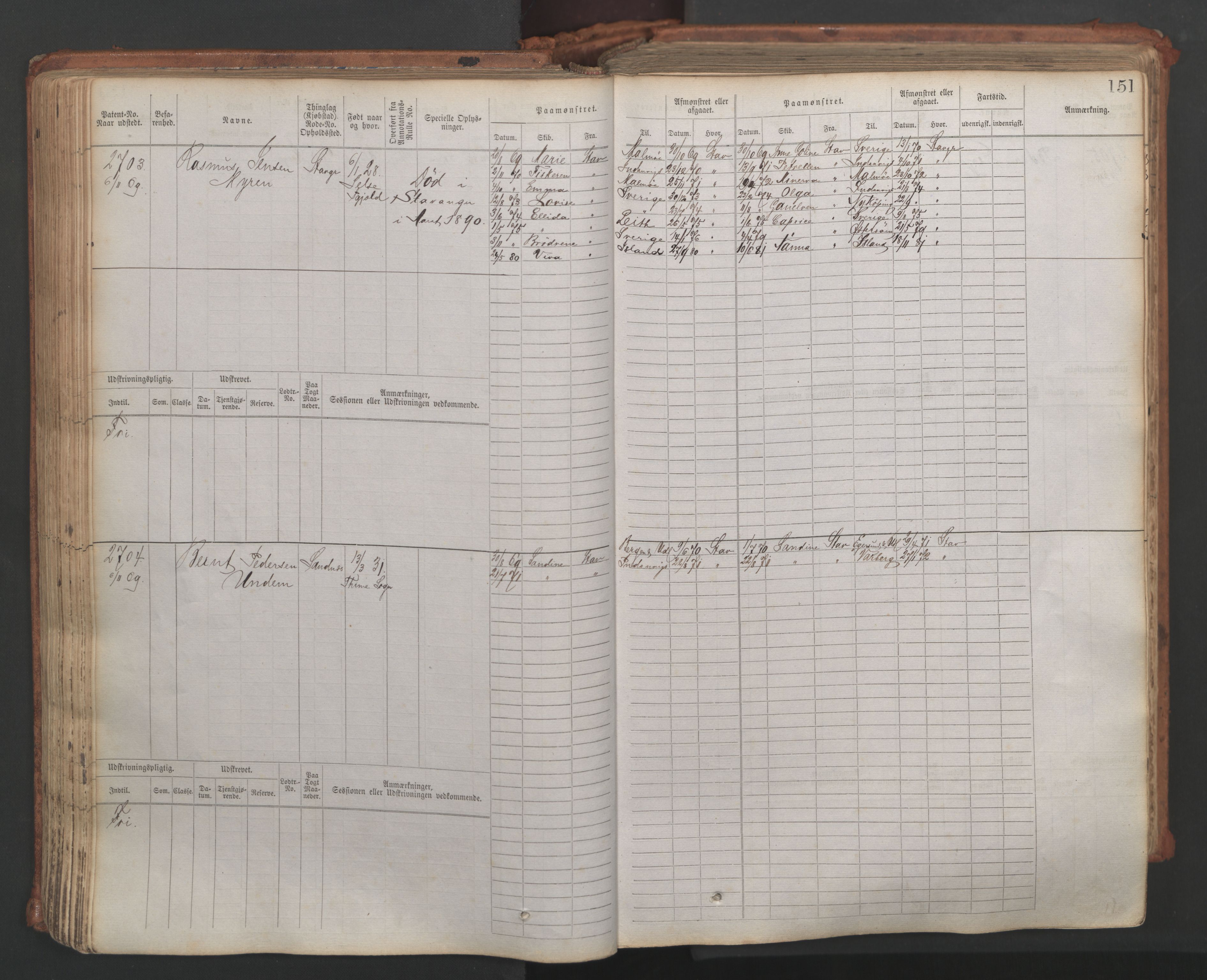 Stavanger sjømannskontor, SAST/A-102006/F/Fb/Fbb/L0007: Sjøfartshovedrulle, patentnr. 2403-3604, 1869-1880, p. 176