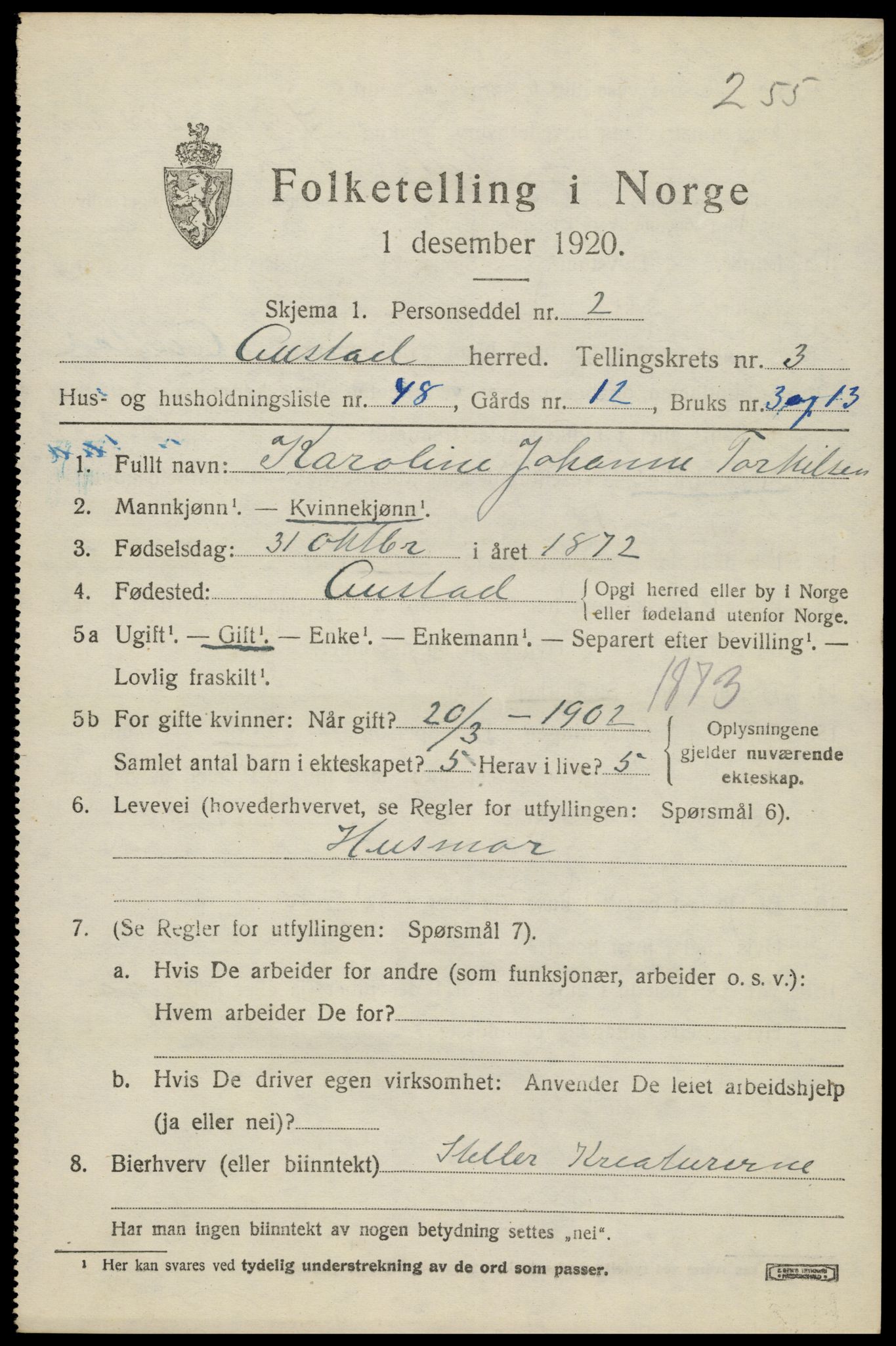 SAK, 1920 census for Austad, 1920, p. 1371