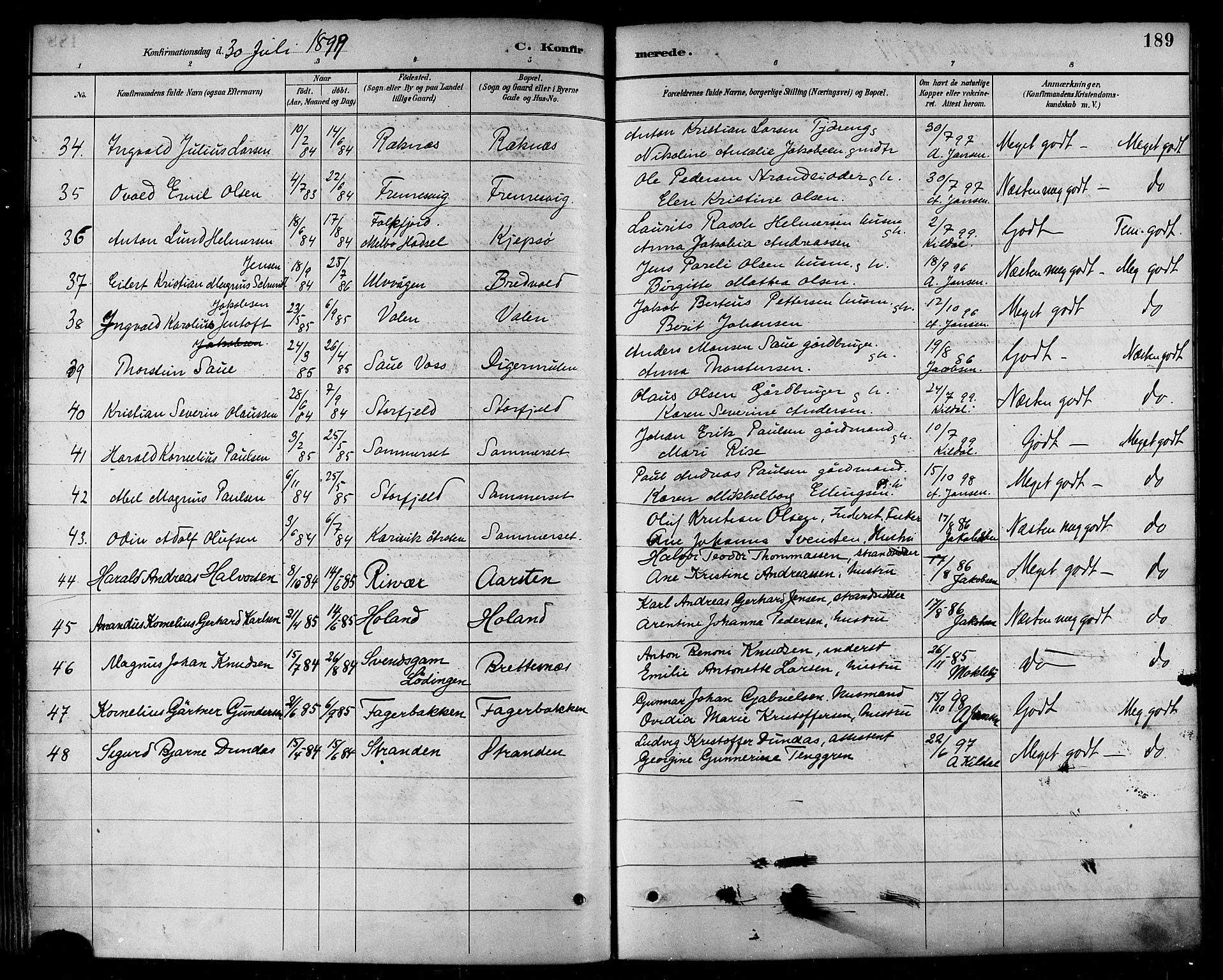 Ministerialprotokoller, klokkerbøker og fødselsregistre - Nordland, SAT/A-1459/874/L1060: Parish register (official) no. 874A04, 1890-1899, p. 189