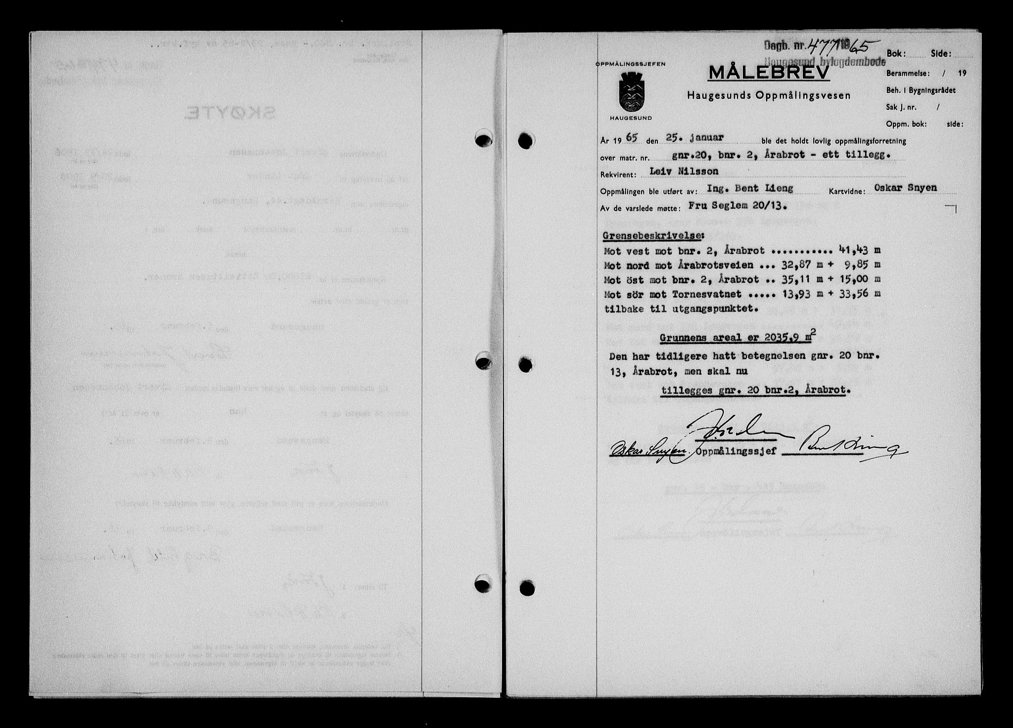 Haugesund tingrett, AV/SAST-A-101415/01/II/IIC/L0075: Mortgage book no. A 16, 1964-1965, Diary no: : 477/1965