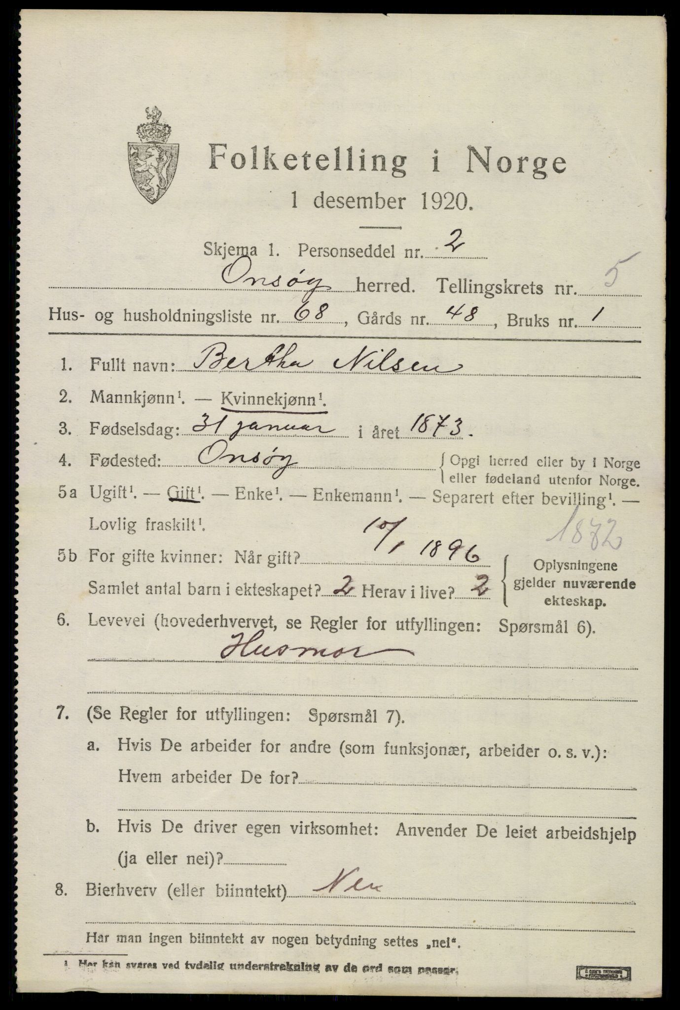 SAO, 1920 census for Onsøy, 1920, p. 7396